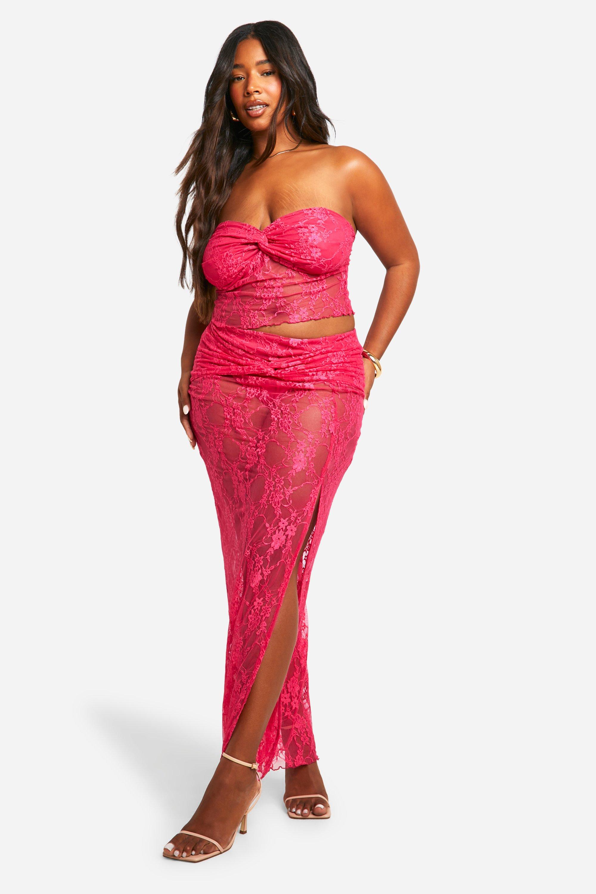 Boohoo Plus Lace Ruched Bandeau Top & Knot Detail Maxi Skirt Co-Ord, Hot Pink