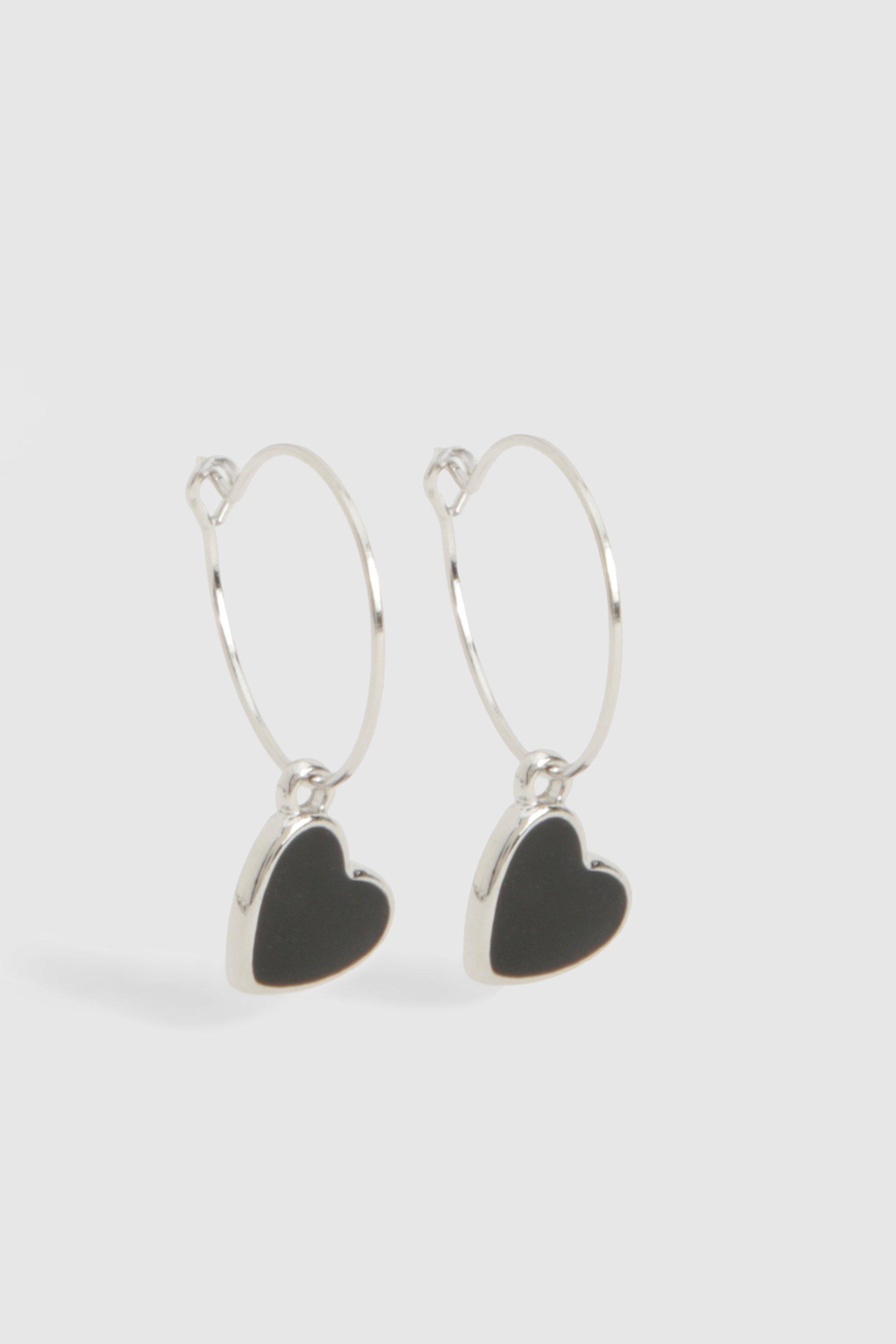 Image of Black Heart Drop Silver Earrings, Grigio