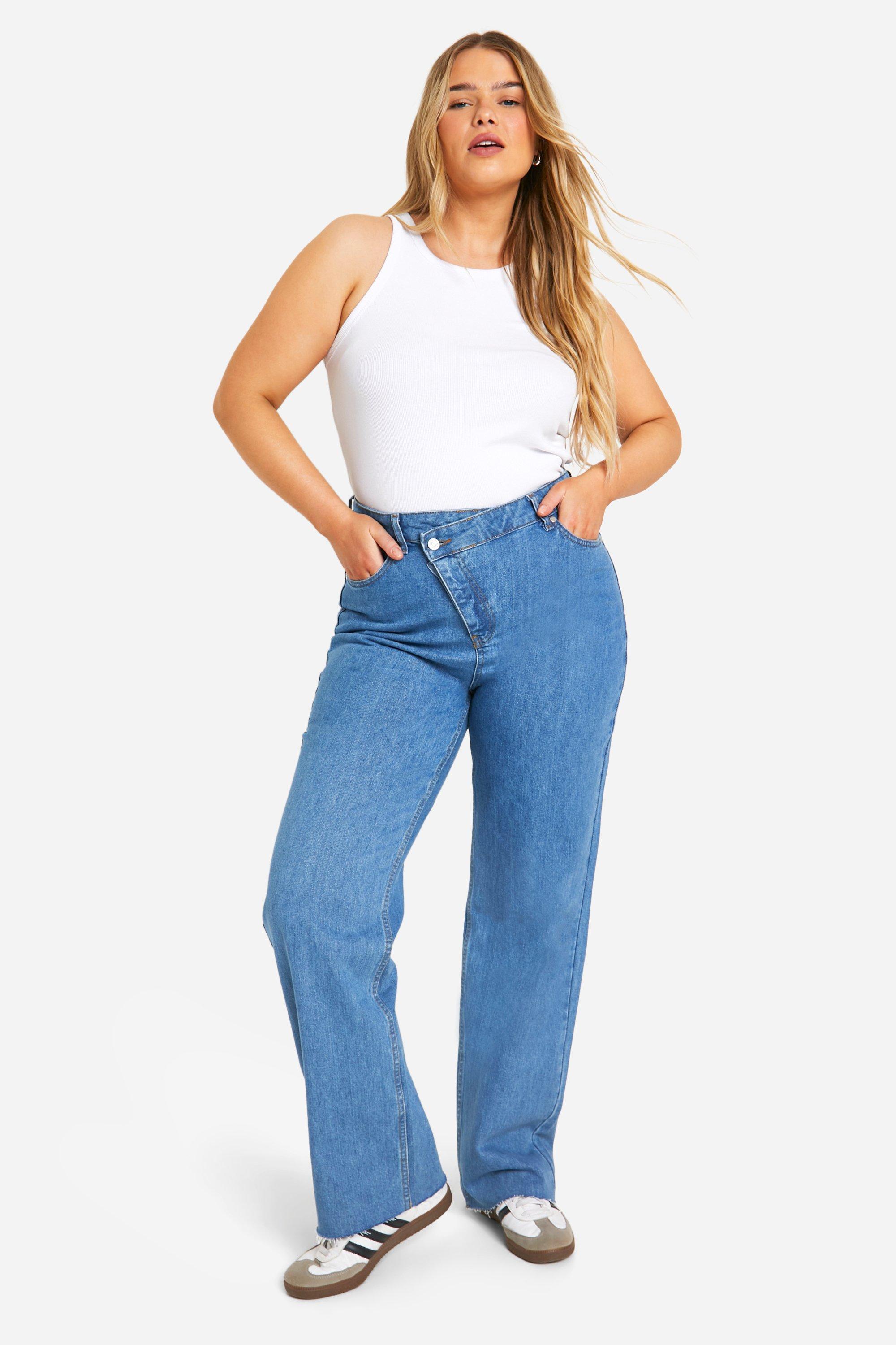 Image of Plus Asymmetric Waist Straight Jeans, Grigio