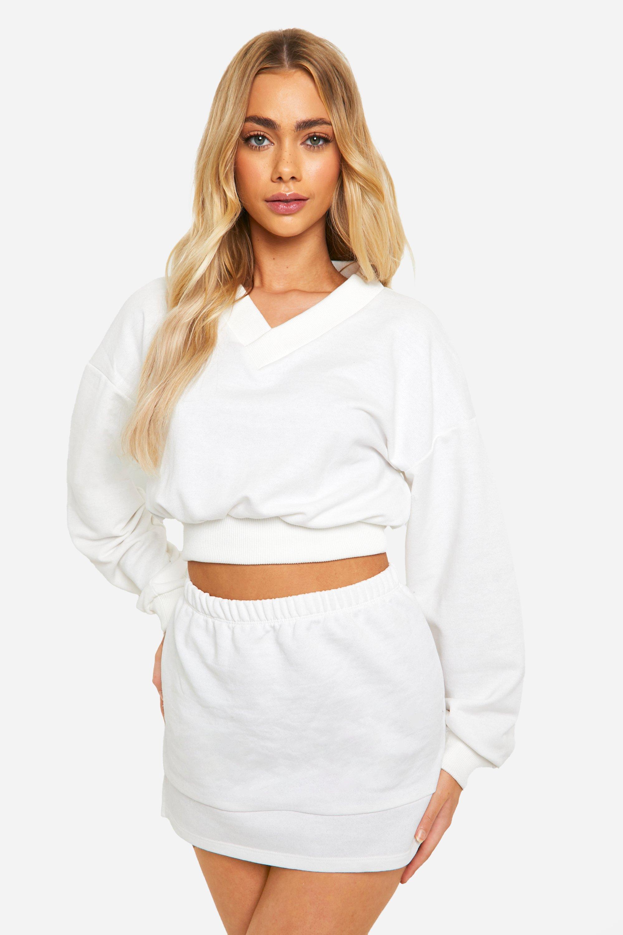 Image of V Neck Crop Sweatshirt And Skirt Set, Cream