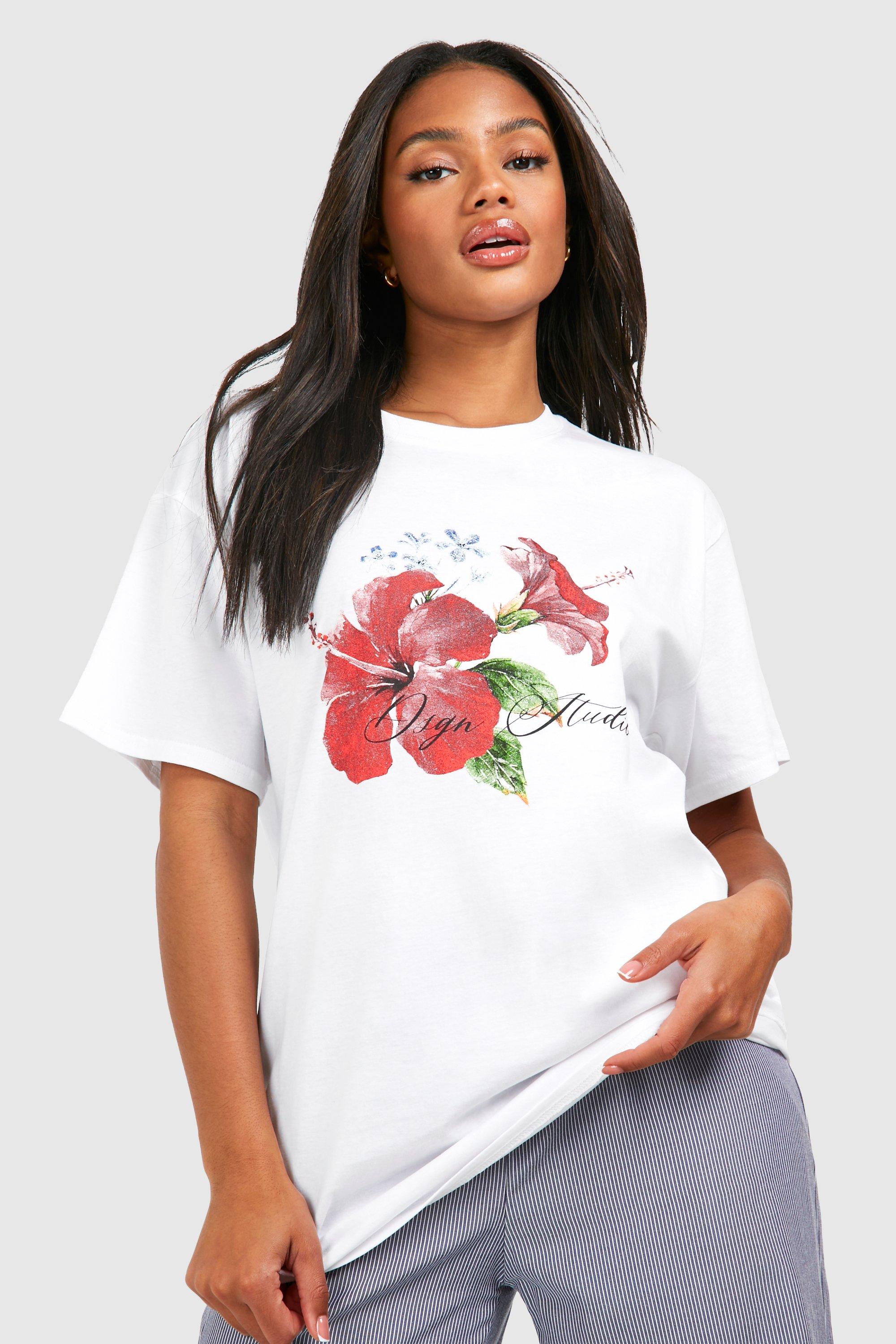Image of Oversized Flower Graphic Cotton Tee, Bianco
