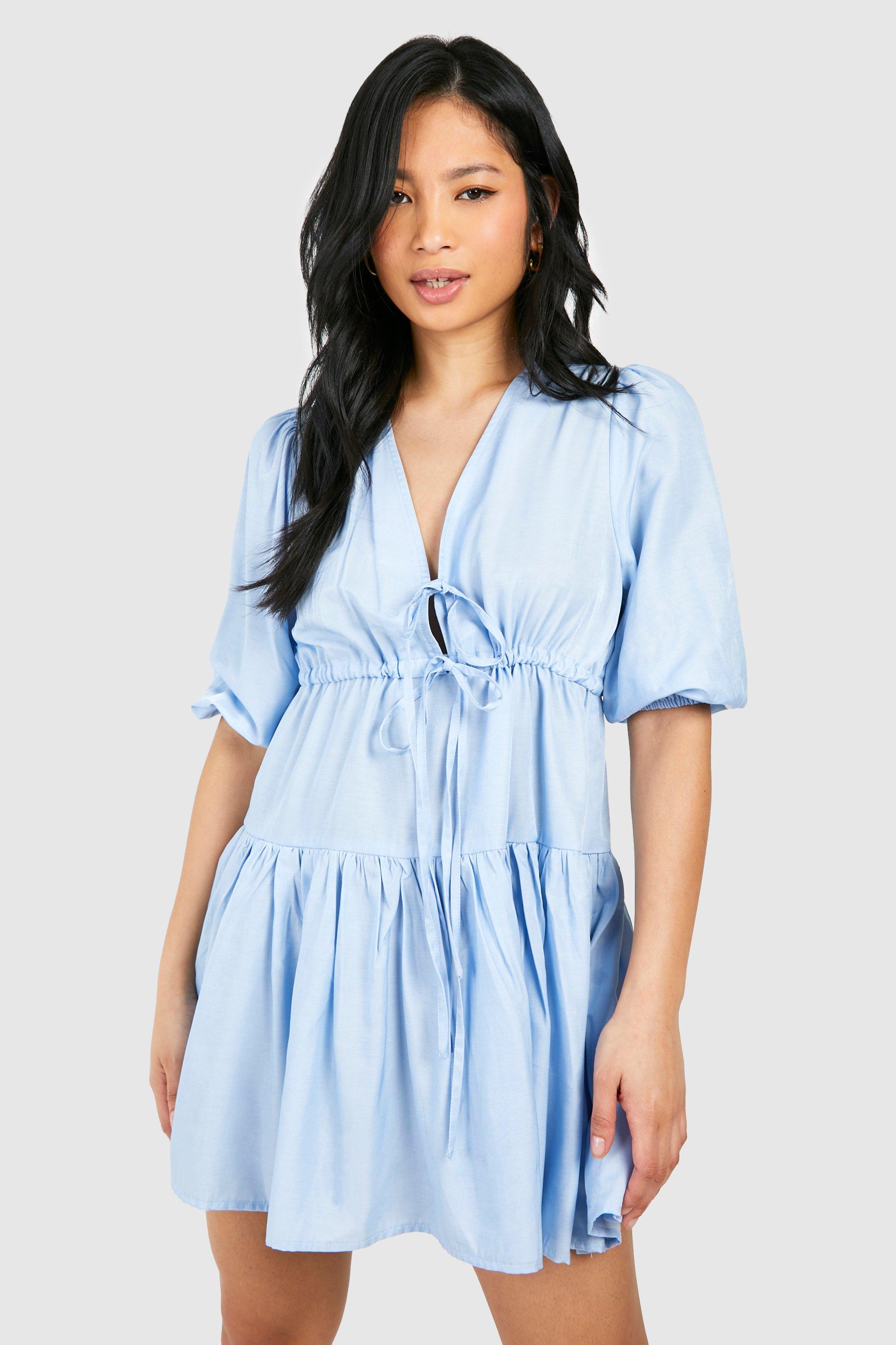 Image of Petite Chambray Tie Front Tiered Mini Dress, Azzurro