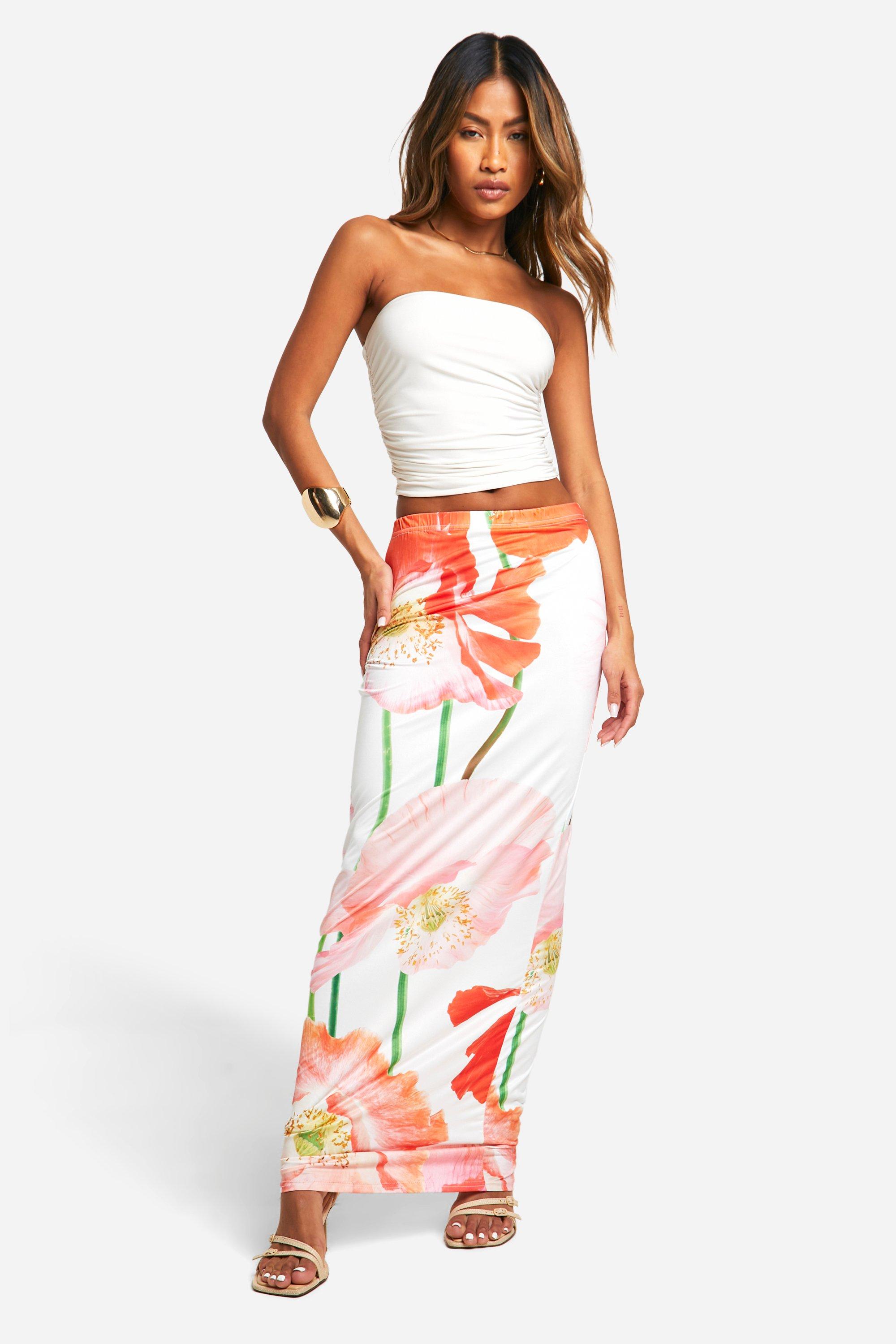 Image of Slinky Flower Print Maxi Skirt, Bianco
