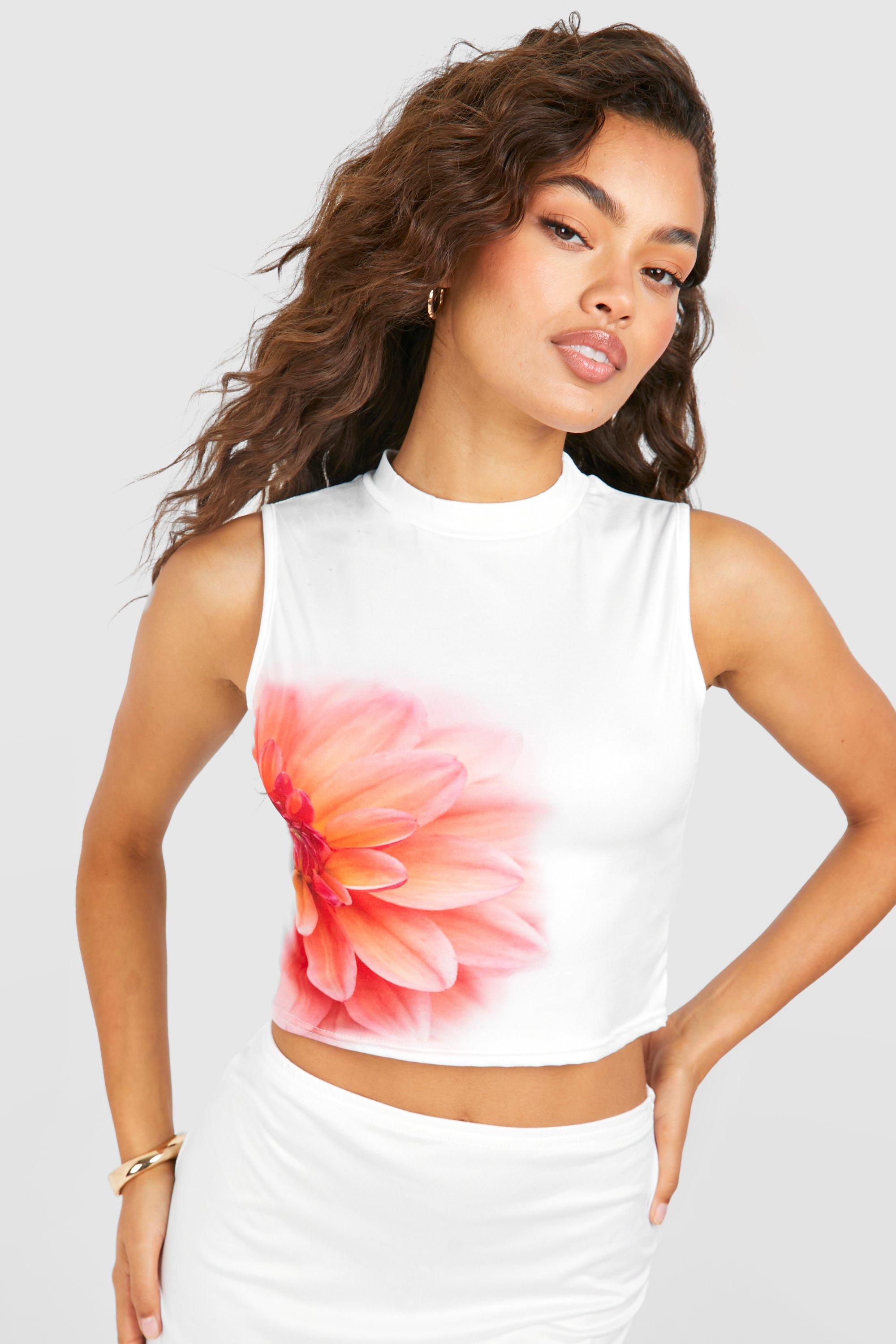 Image of Floral High Neck Sleeveless Crop, Bianco