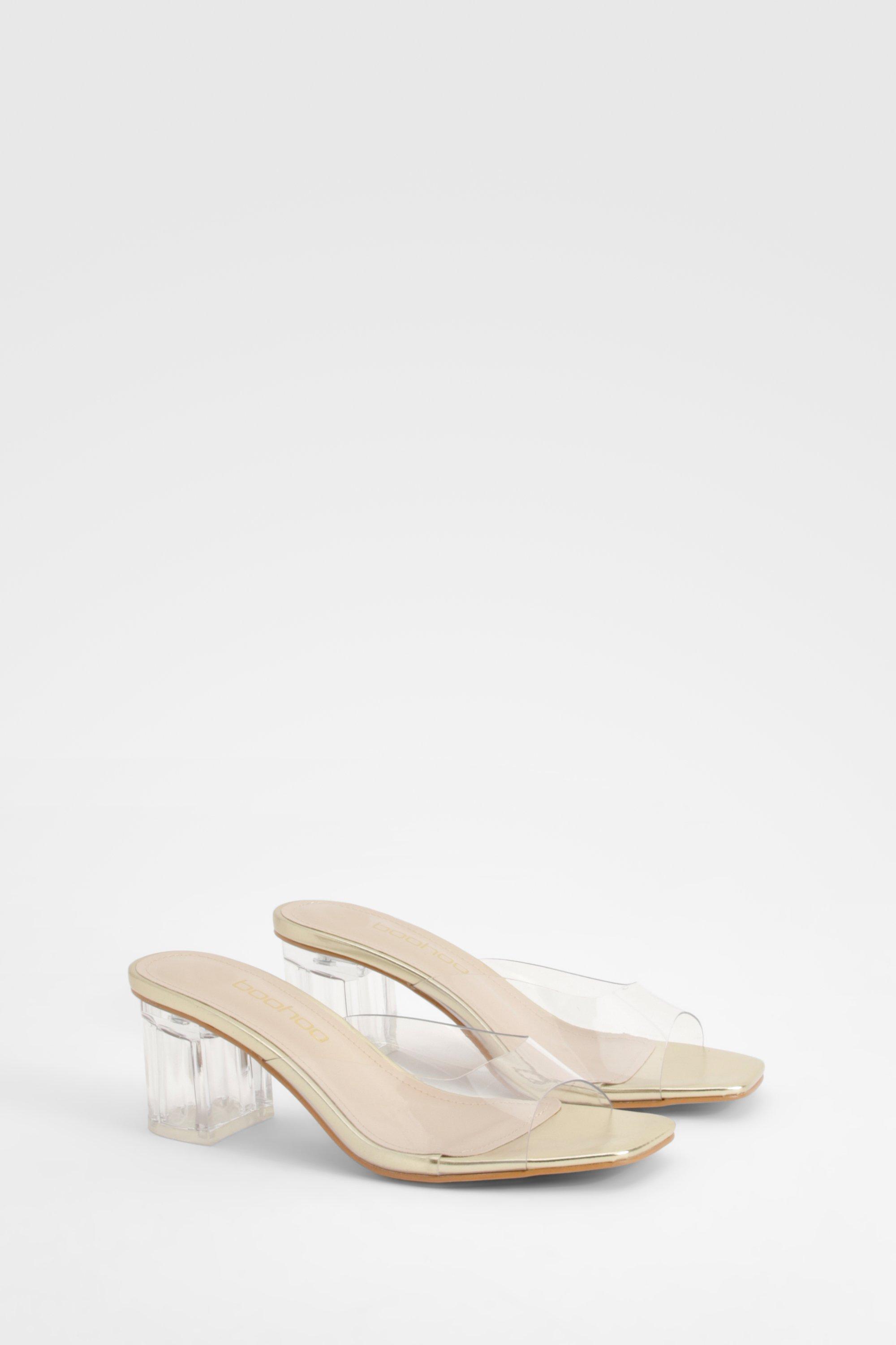 Image of Sandali Mules trasparenti con tacco a blocco, Metallics