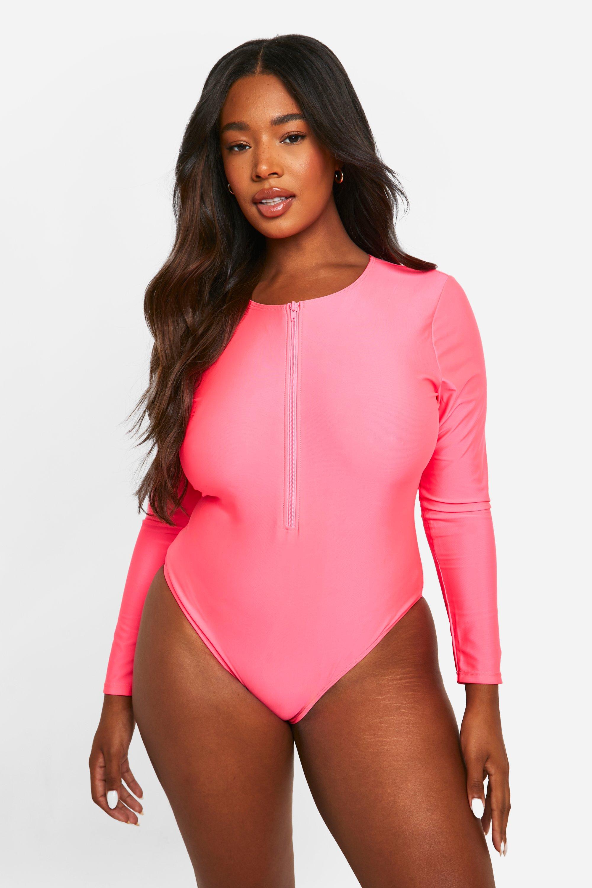 Image of Plus Long Sleeve Rash Guard Swimsuit, Pink