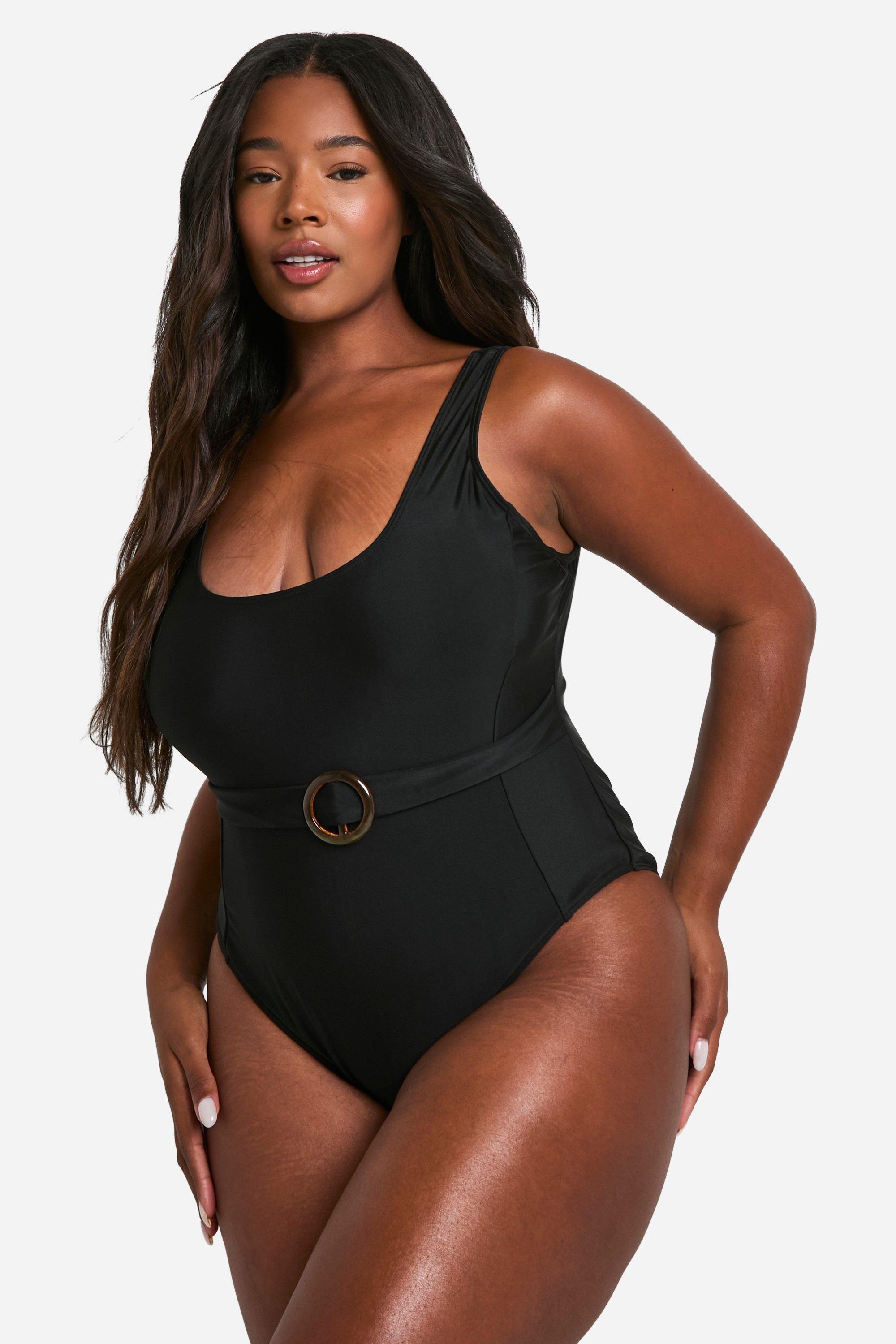 Image of Plus Tummy Control Belted Swimsuit, Nero