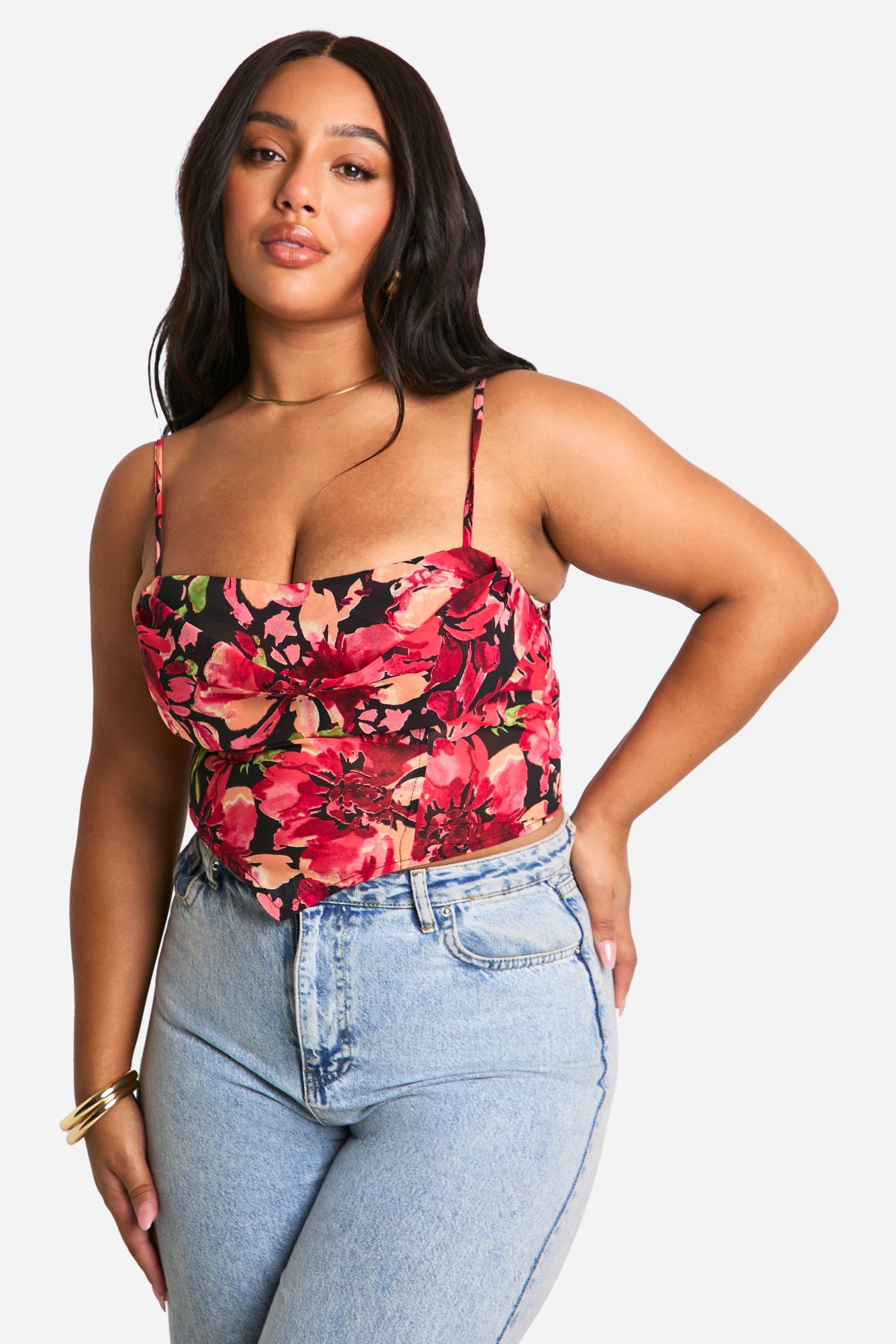 Image of Plus Cowl Strappy Floral Corset Top, Rosso