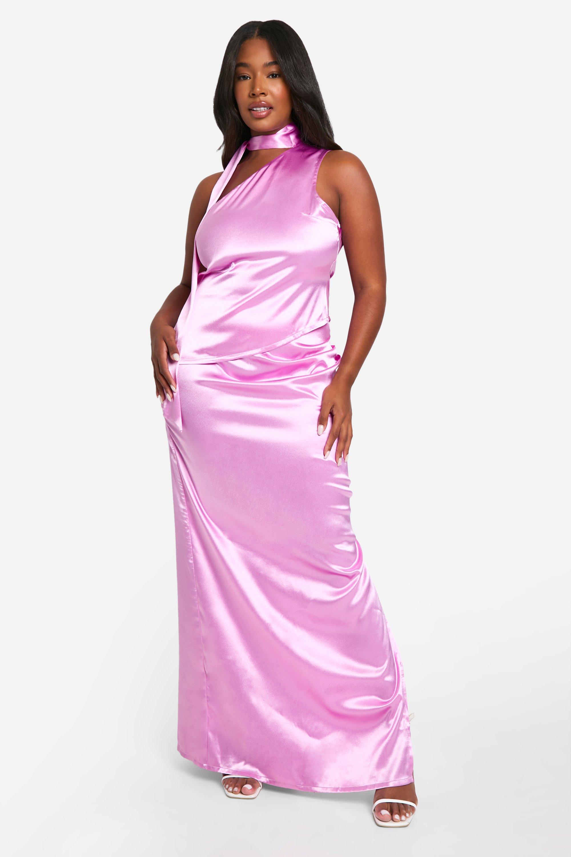 Boohoo Plus Premium Satin One Shoulder Top & Maxi Skirt Co-Ord, Hot Pink