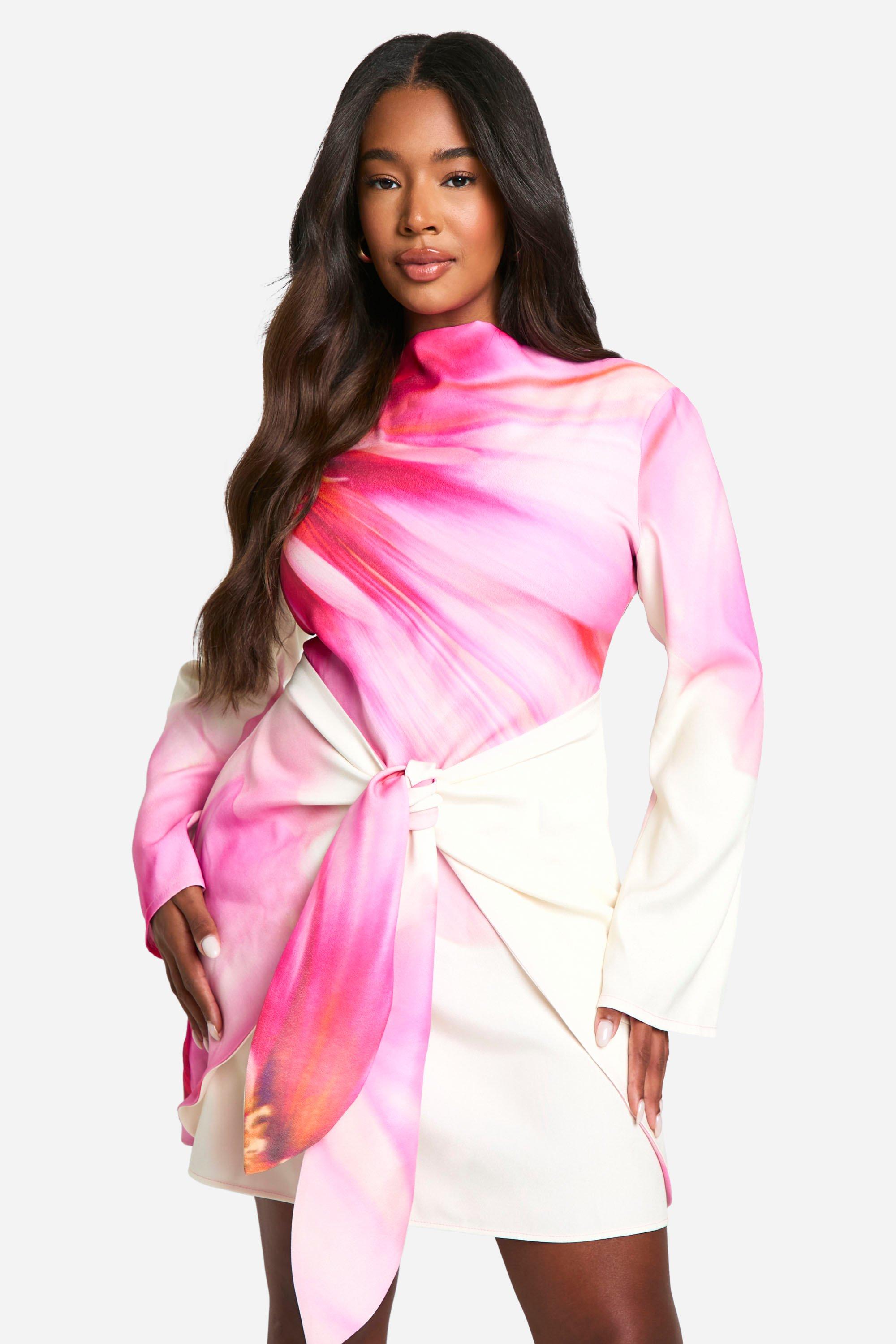 Boohoo Plus Premium Satin Floral Print Wrap Drape Detail Long Sleeve Mini Dress, Pink