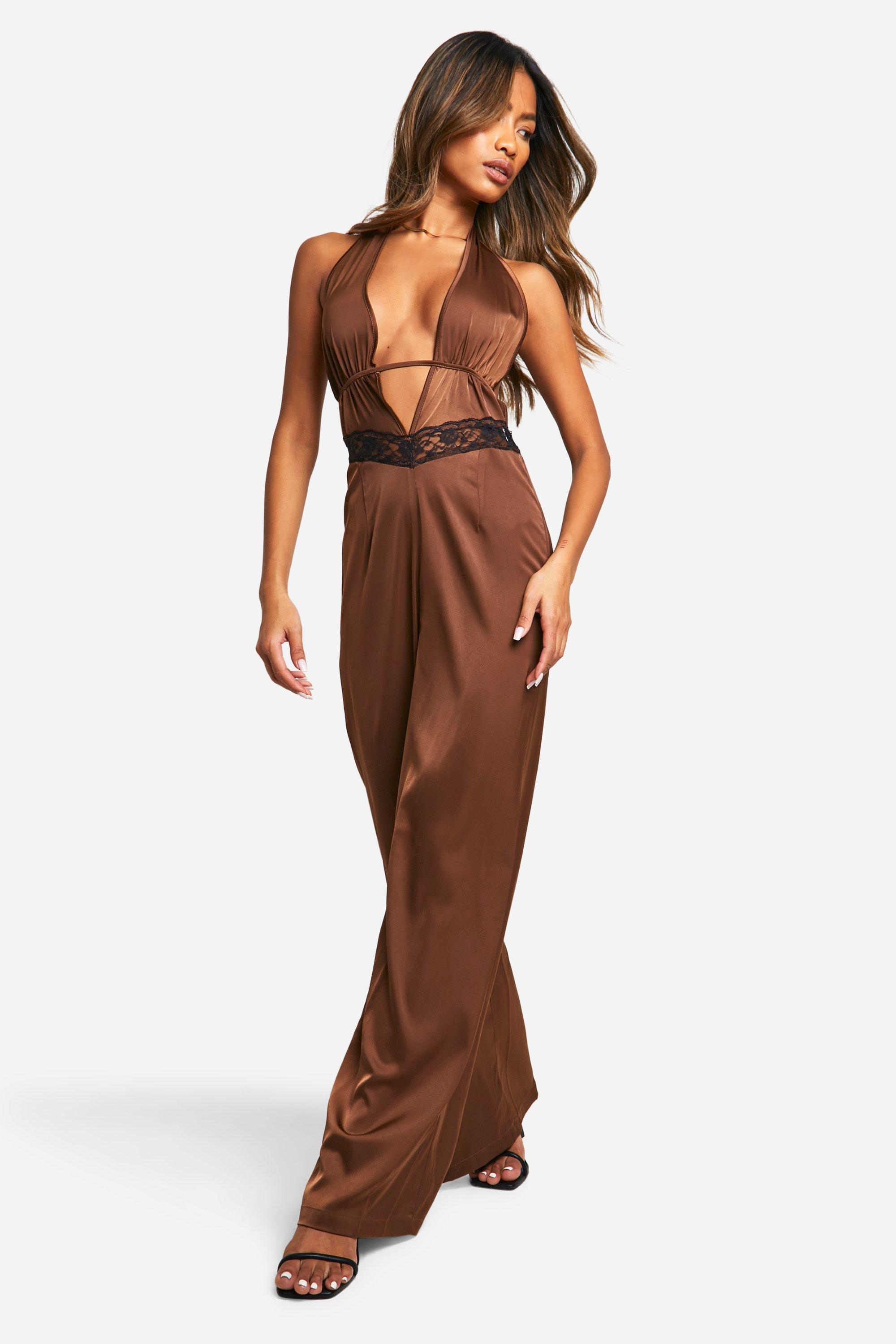 Image of Lace Insert Plunge Jumpsuit, Brown