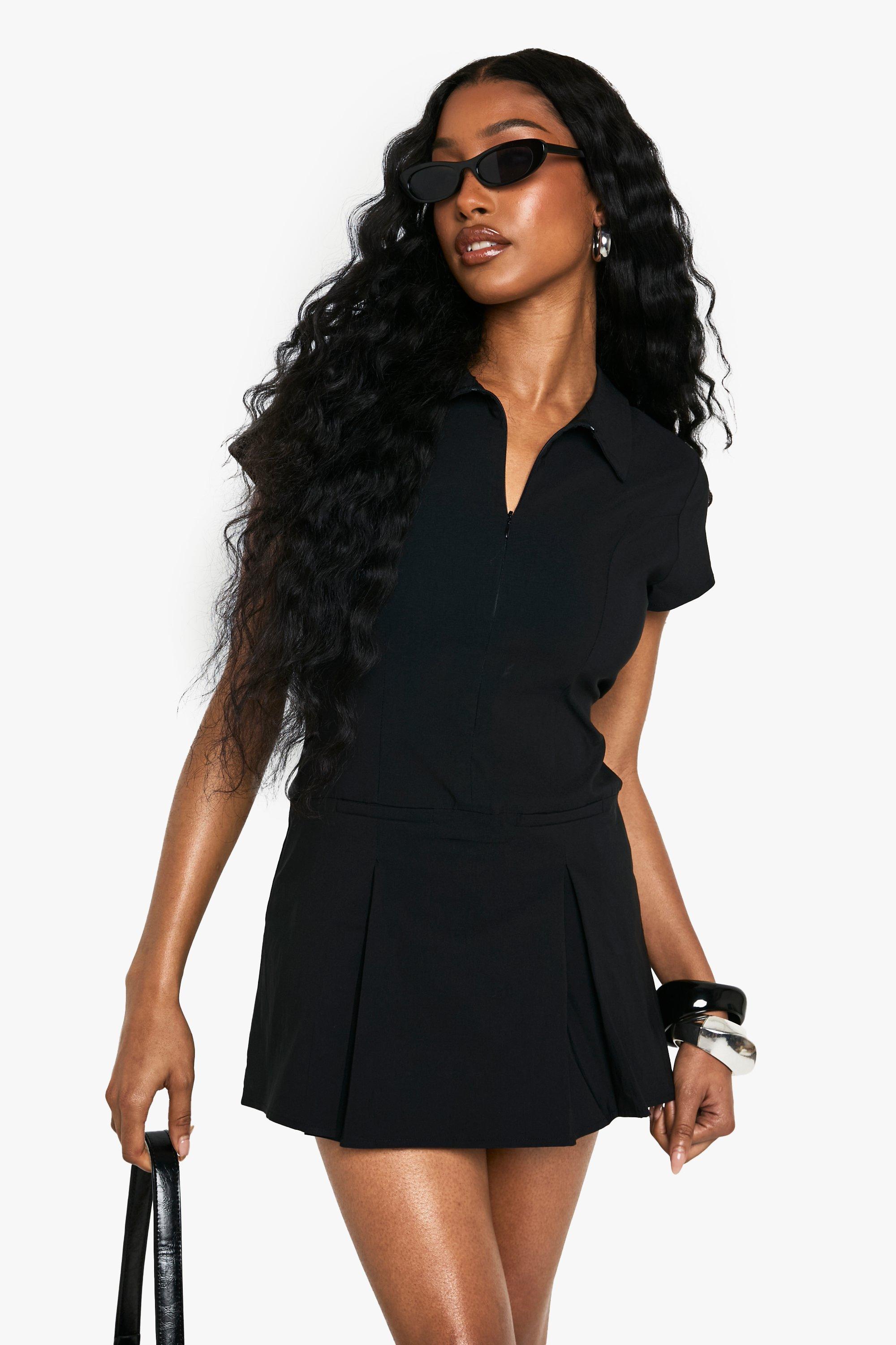 Image of Shirt Collar Skort Playsuit, Nero