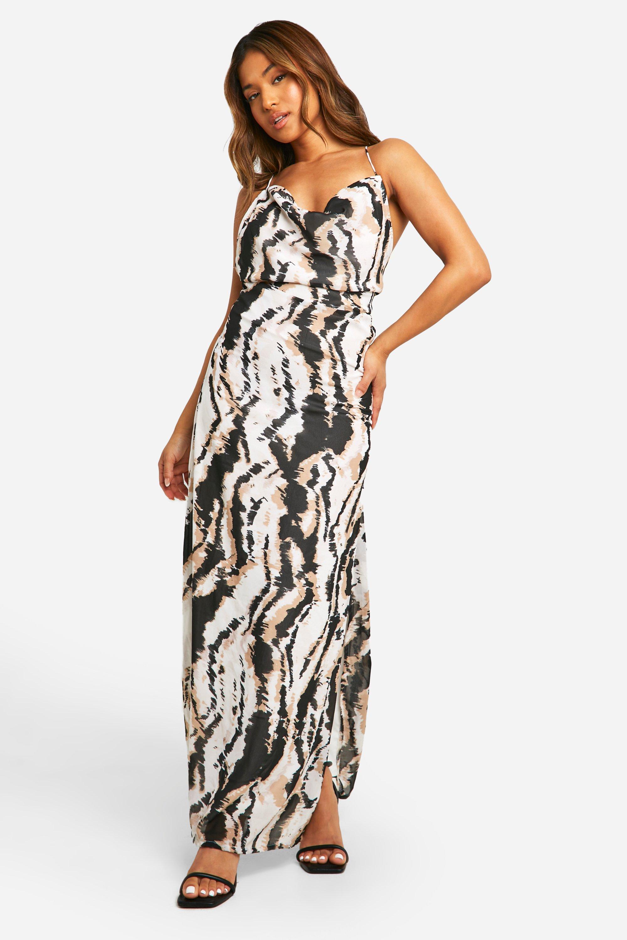 "Petite" - Robe Longue En Mousseline De Soie À Imprimé Abstrait - Marron - 42, Marron