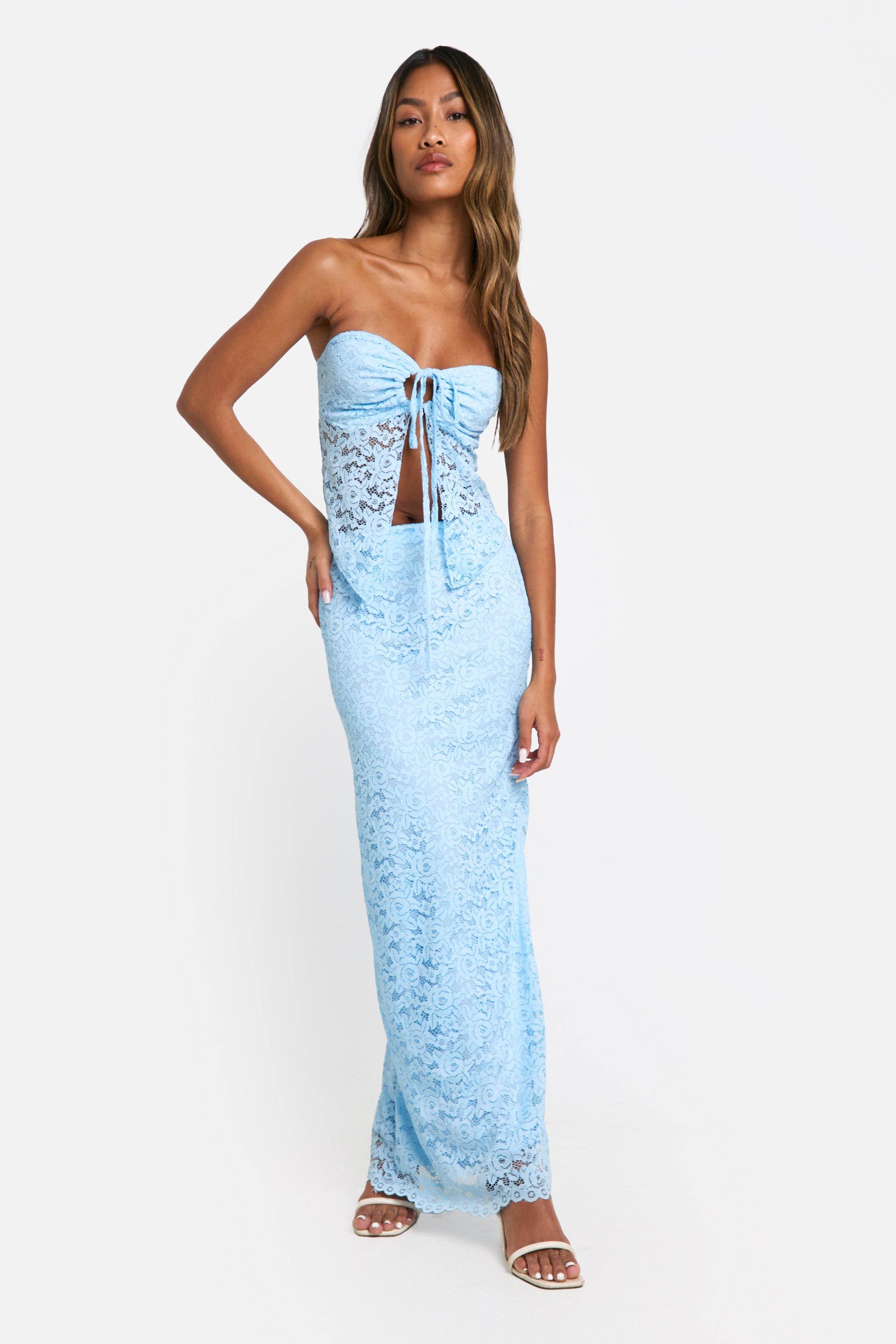 Boohoo Tie Front Lace Bandeau & Maxi Skirt, Powder Blue