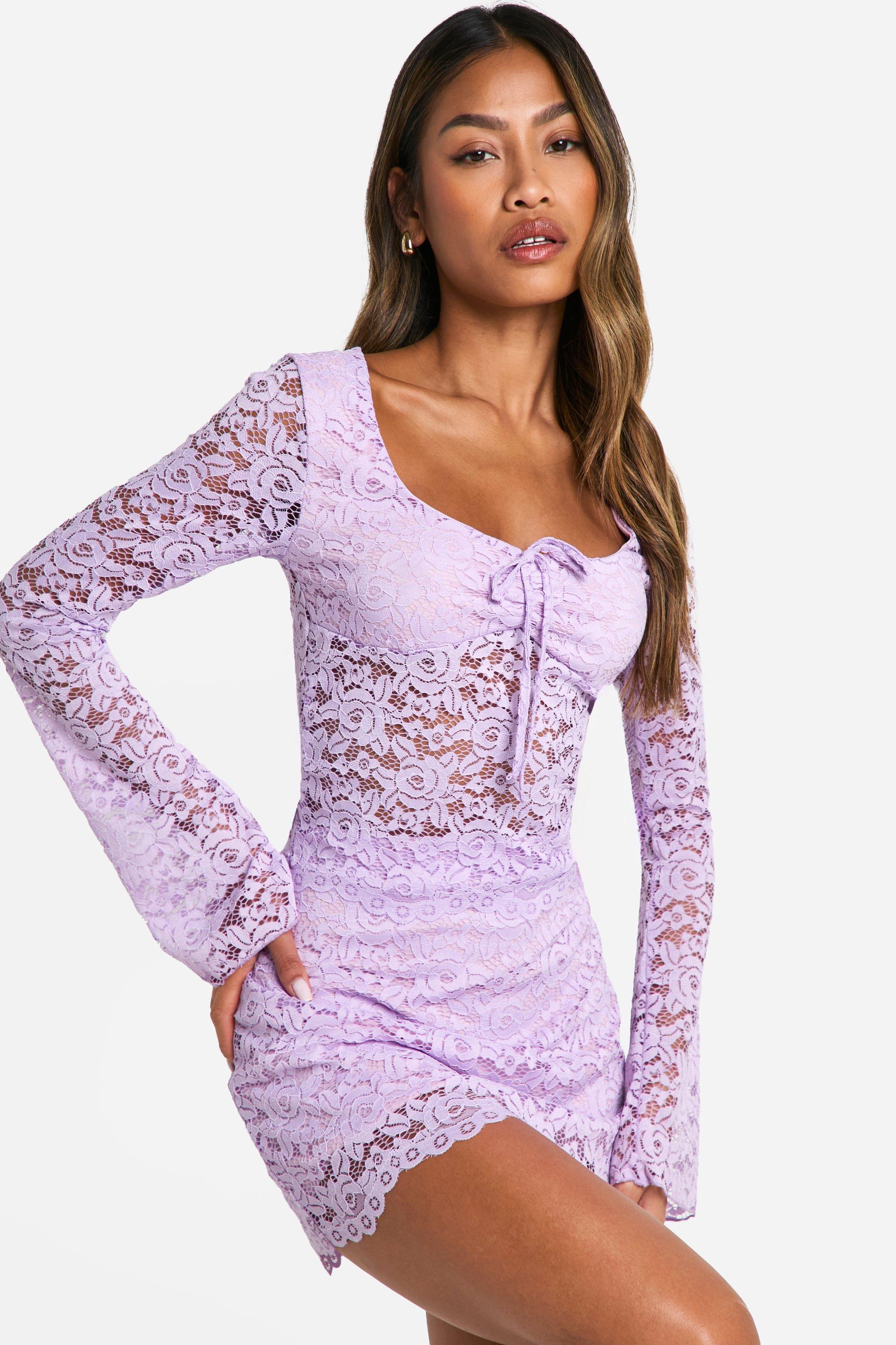 Boohoo Tie Front Lace Crop & Mini Skirt, Lilac