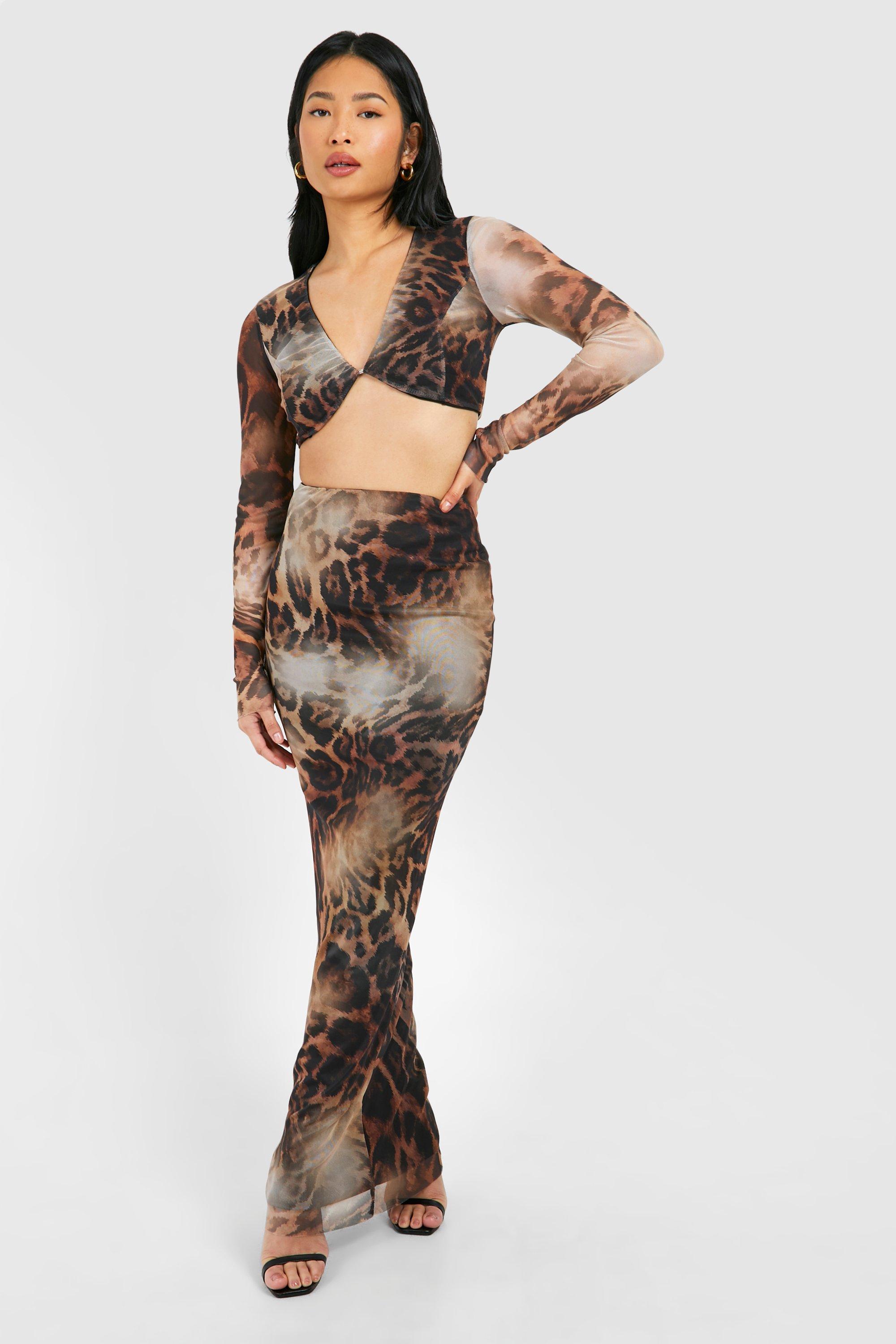 Image of Petite Leopard Mesh Bralet And Maxi Skirt, Multi
