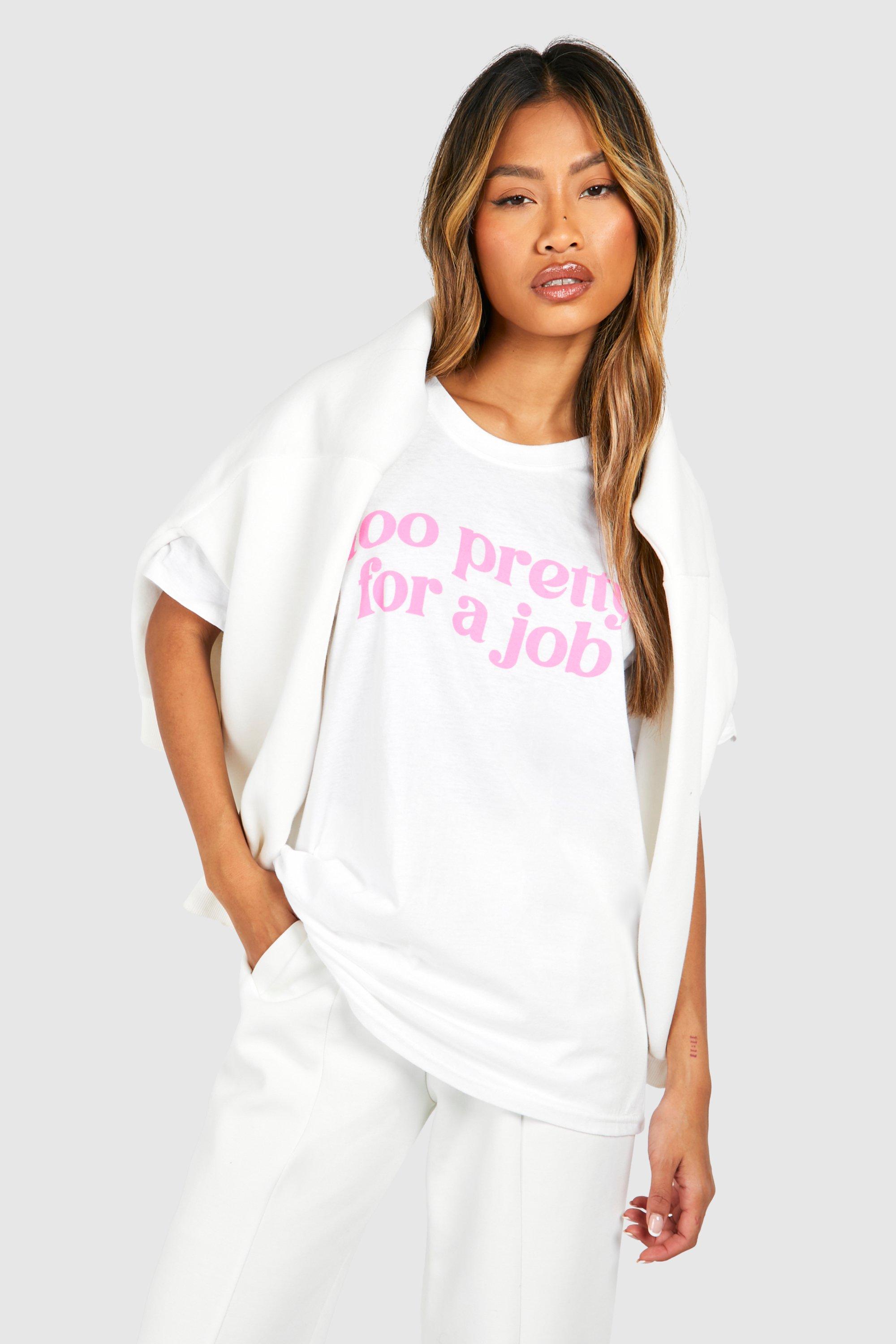Image of Oversized Too Pretty For A Job Chest Print Cotton Tee, Bianco