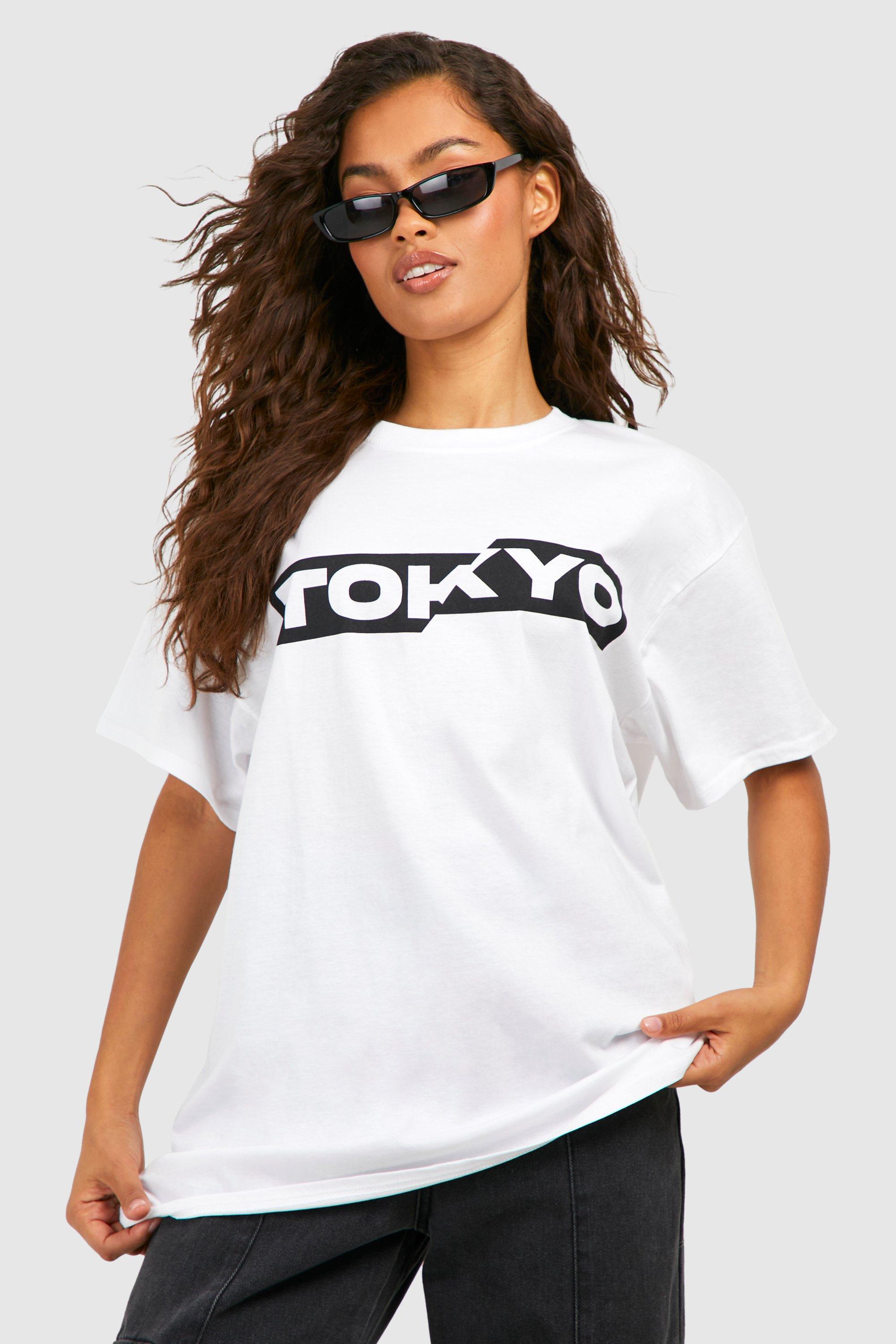 Image of Oversized Tokyo Chest Print Cotton Tee, Bianco