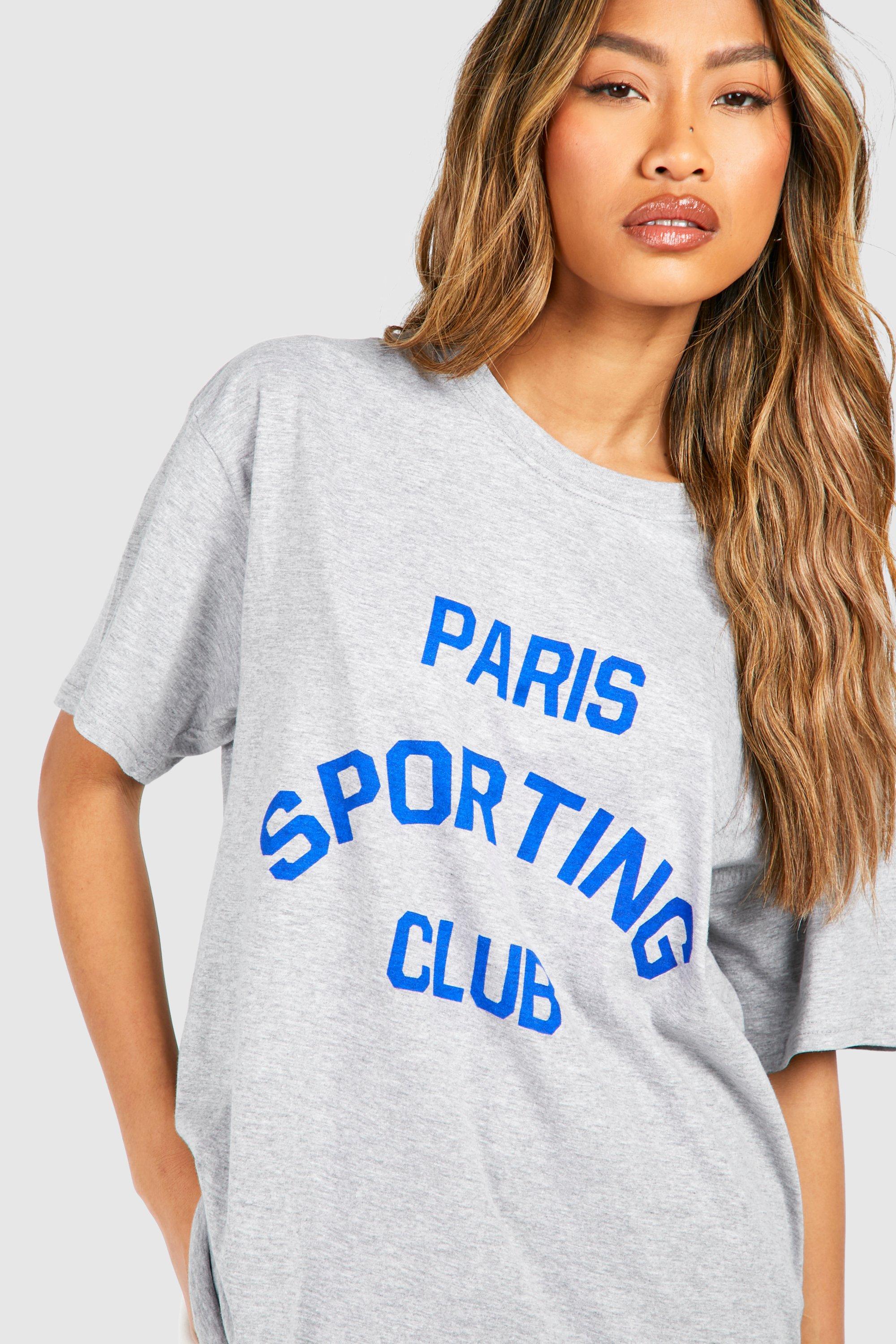 Image of Oversized Paris Sporting Club Chest Print Cotton Tee, Grigio