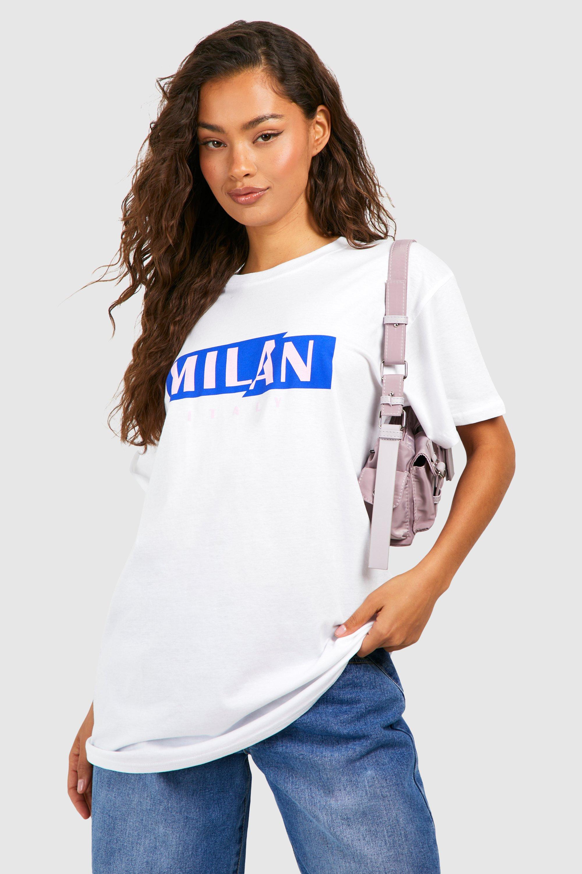Image of Oversized Milan Chest Print Cotton Tee, Bianco
