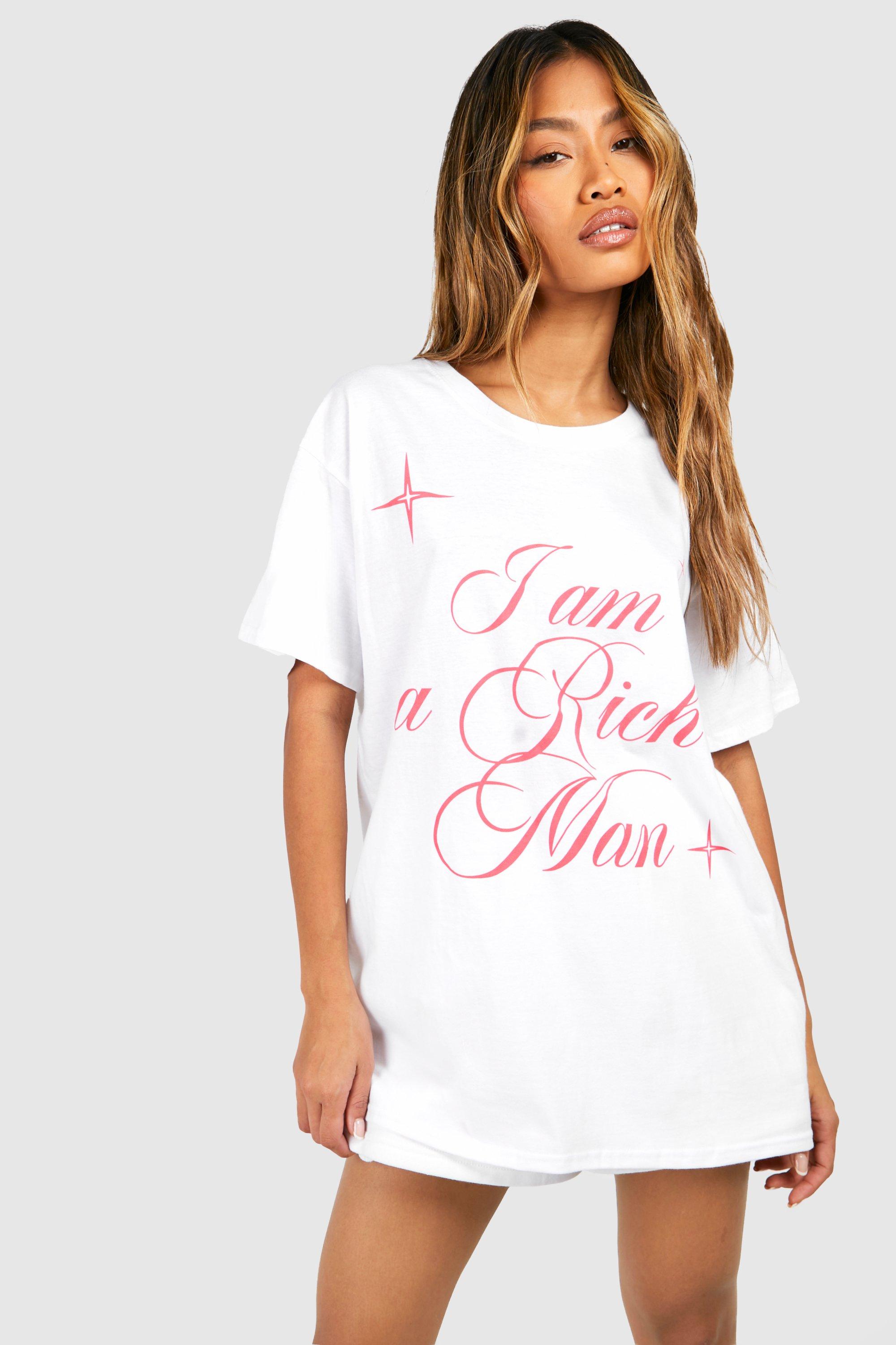 Image of Oversized I Am A Rich Man Chest Print Cotton Tee, Bianco