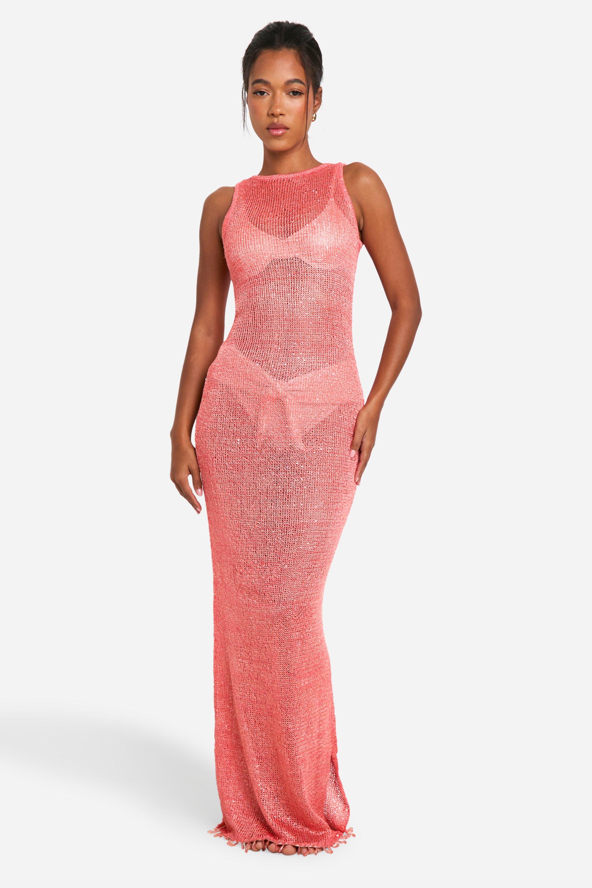 Image of Embellished Hem Sequin Knit Beach Maxi Dress, Arancio