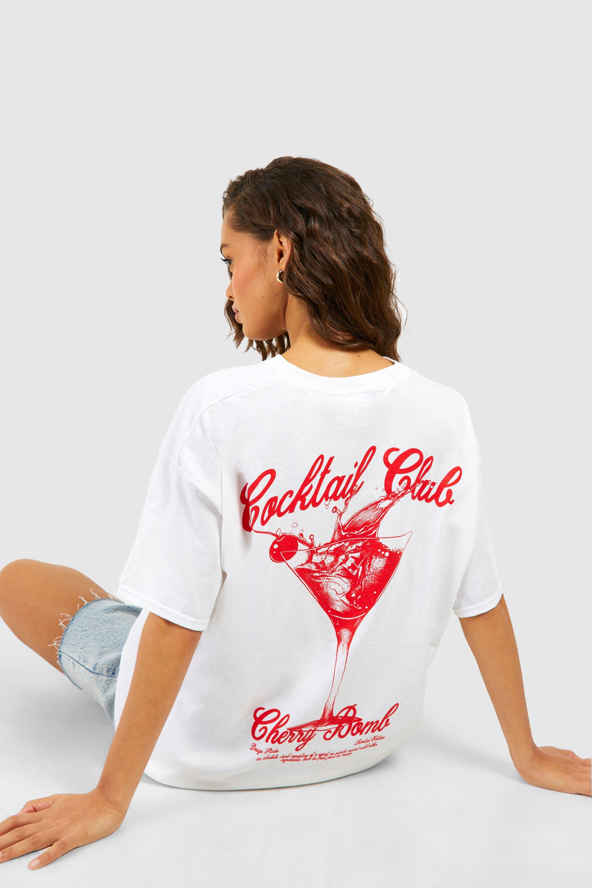 Image of Oversized Cocktail Cherry Bomb Back Print Cotton Tee, Bianco