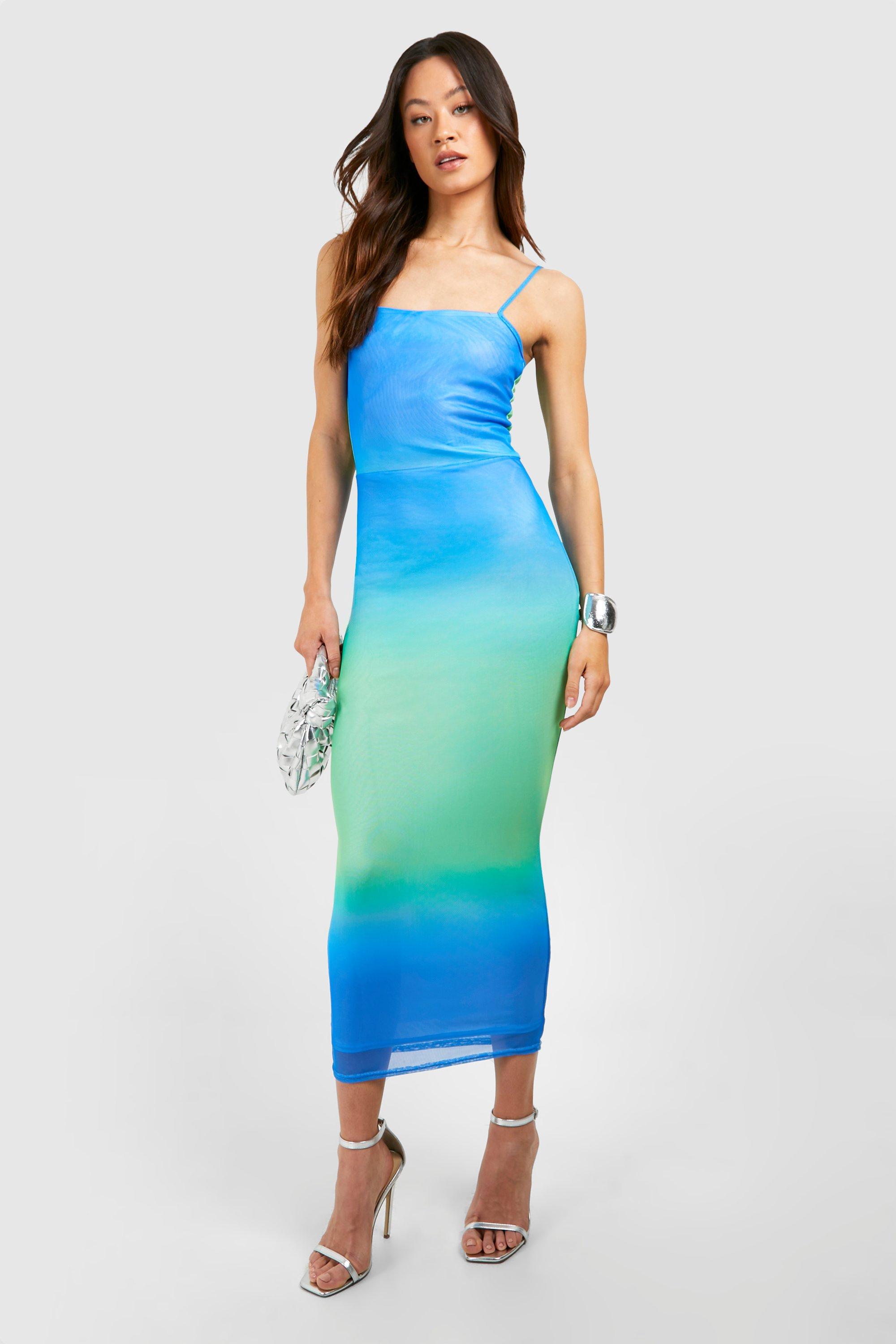 Boohoo Tall Mesh Ombre Printed Midaxi Dress, Blue