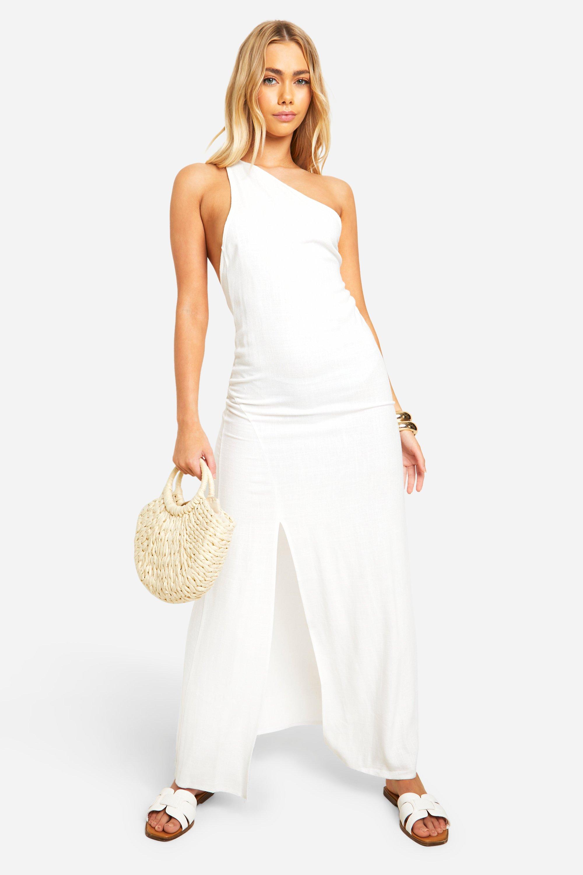 Image of Linen One Shoulder Maxi Dress, Bianco