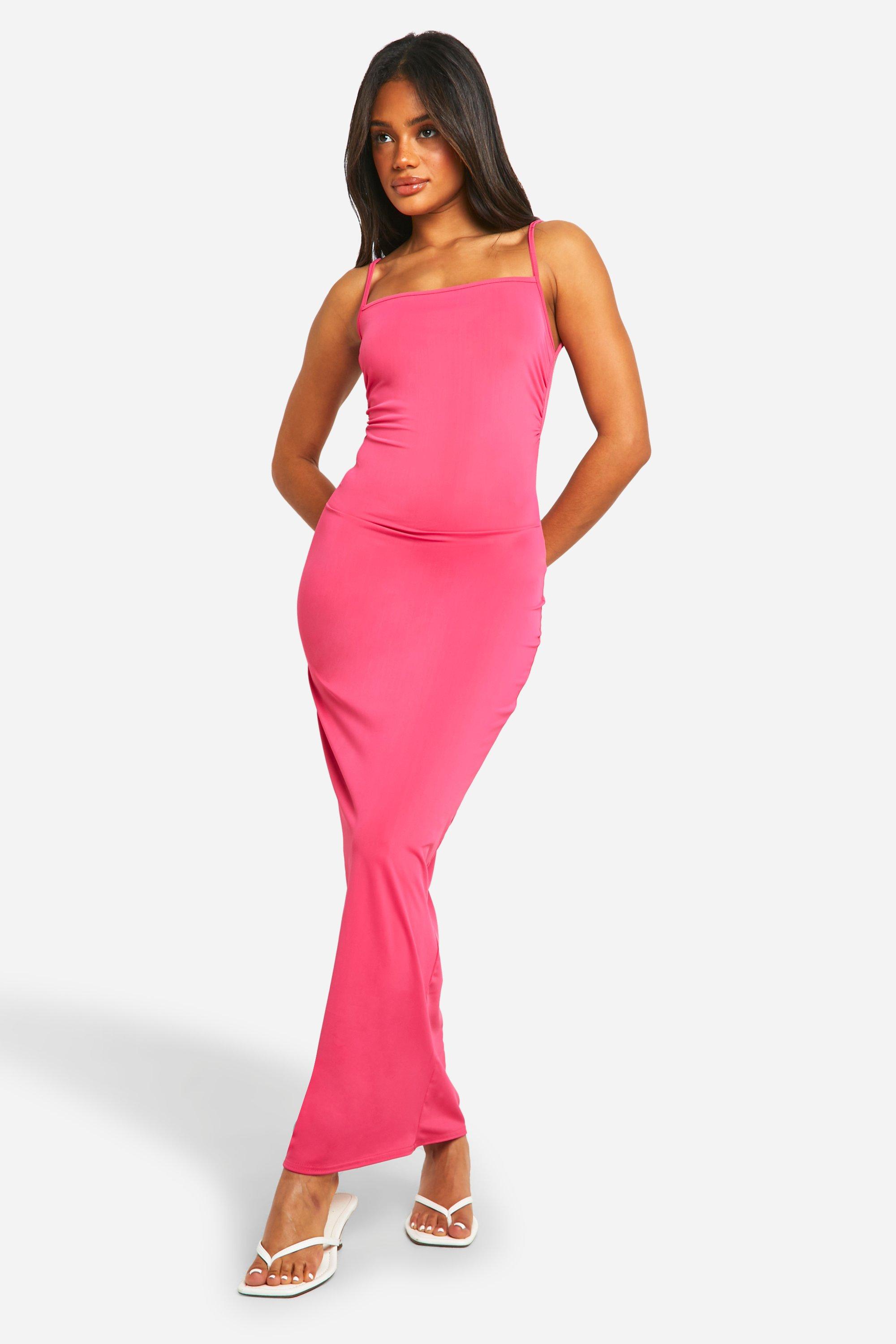 Boohoo Premium Matt Slinky Strappy Rouche Side Maxi Dress, Pink