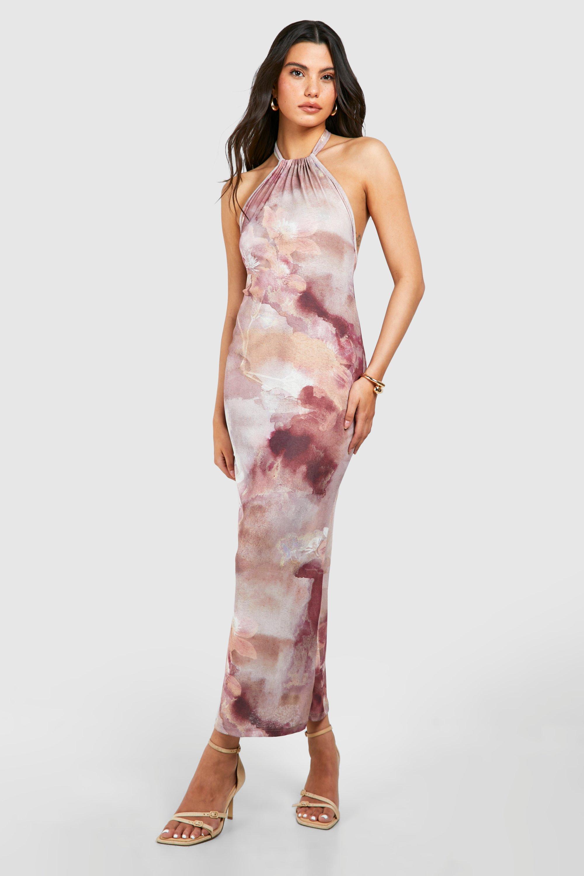 Image of Blur Floral Halterneck Maxi Dress, Brown