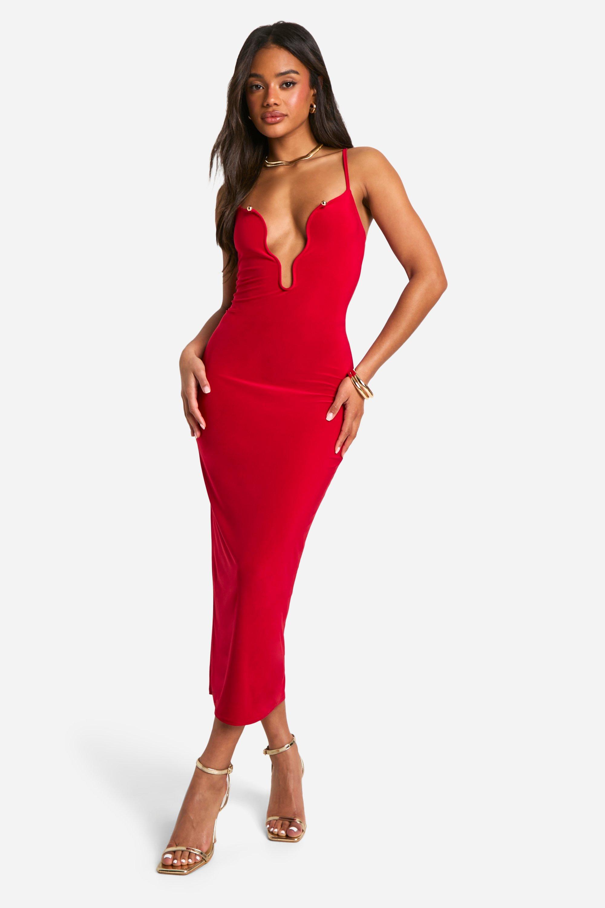 Image of Plunge Trim Midaxi Dress, Rosso