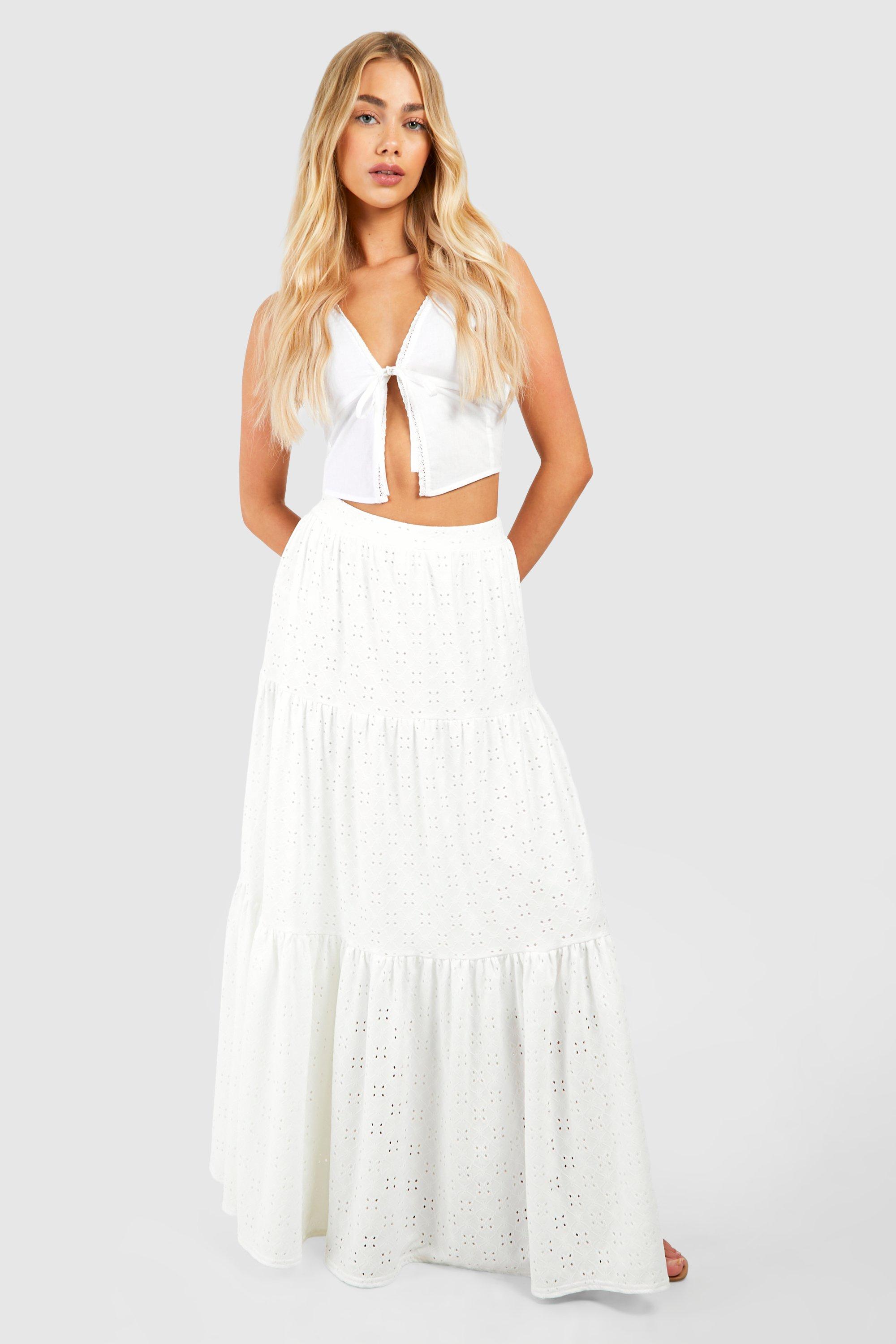 Boohoo Broderie Tiered Maxi Skirt, White