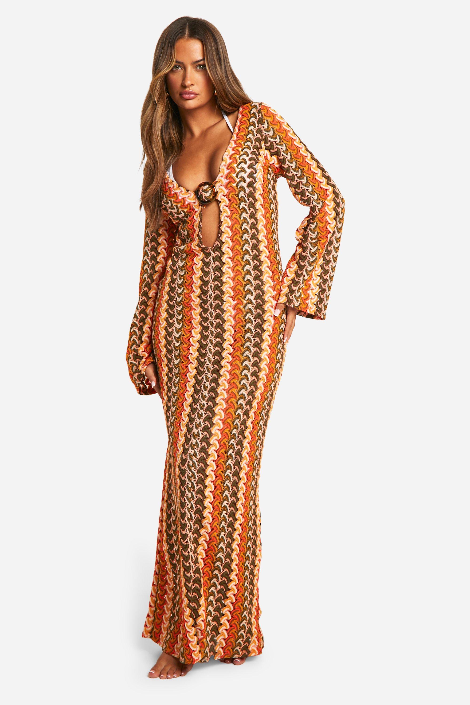 Boohoo Gestreepte Gebreide Strand Maxi Jurk Met O-Ring, Orange