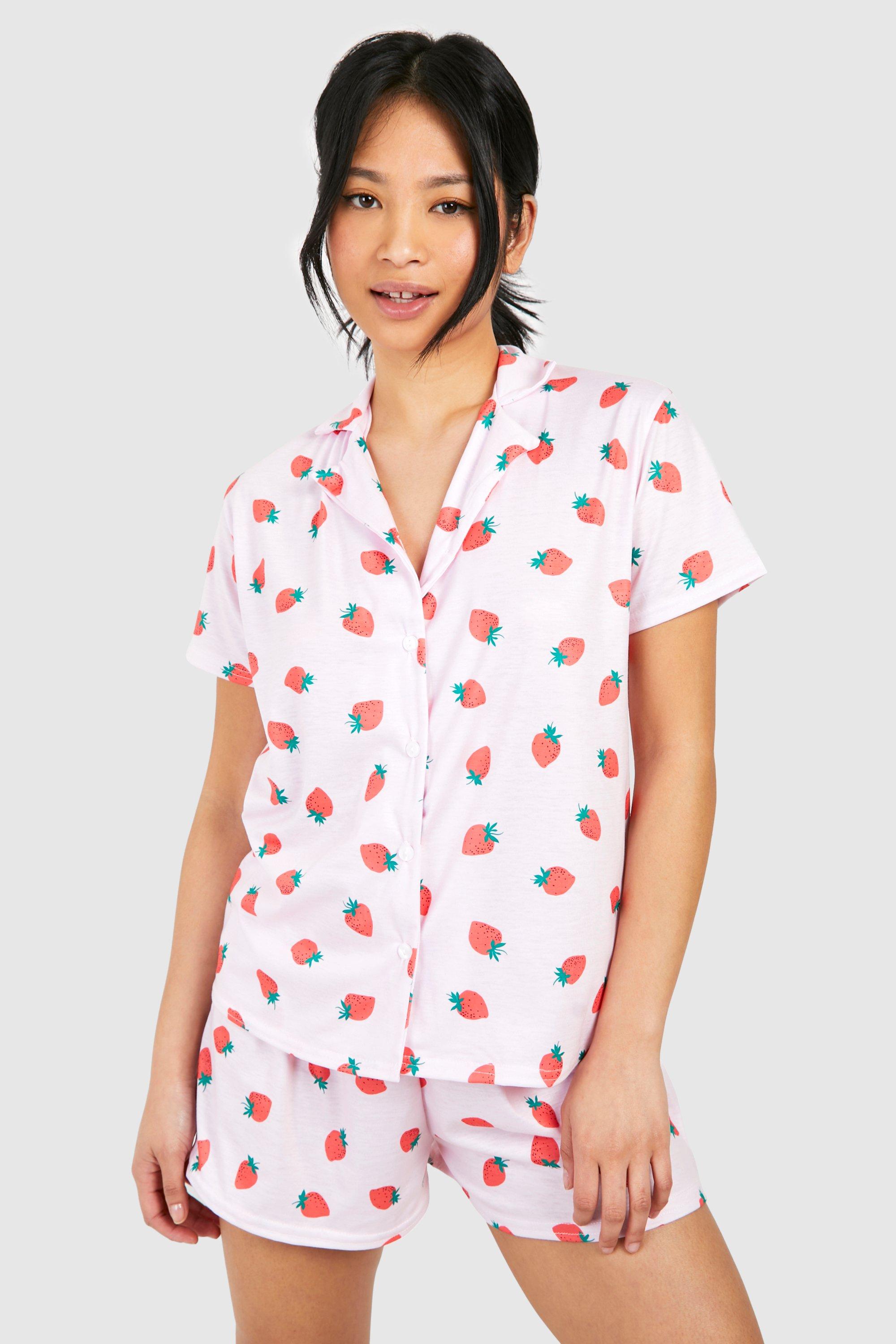 Image of Petite 3 Piece Strawberry Short Pyjama Set, Pink