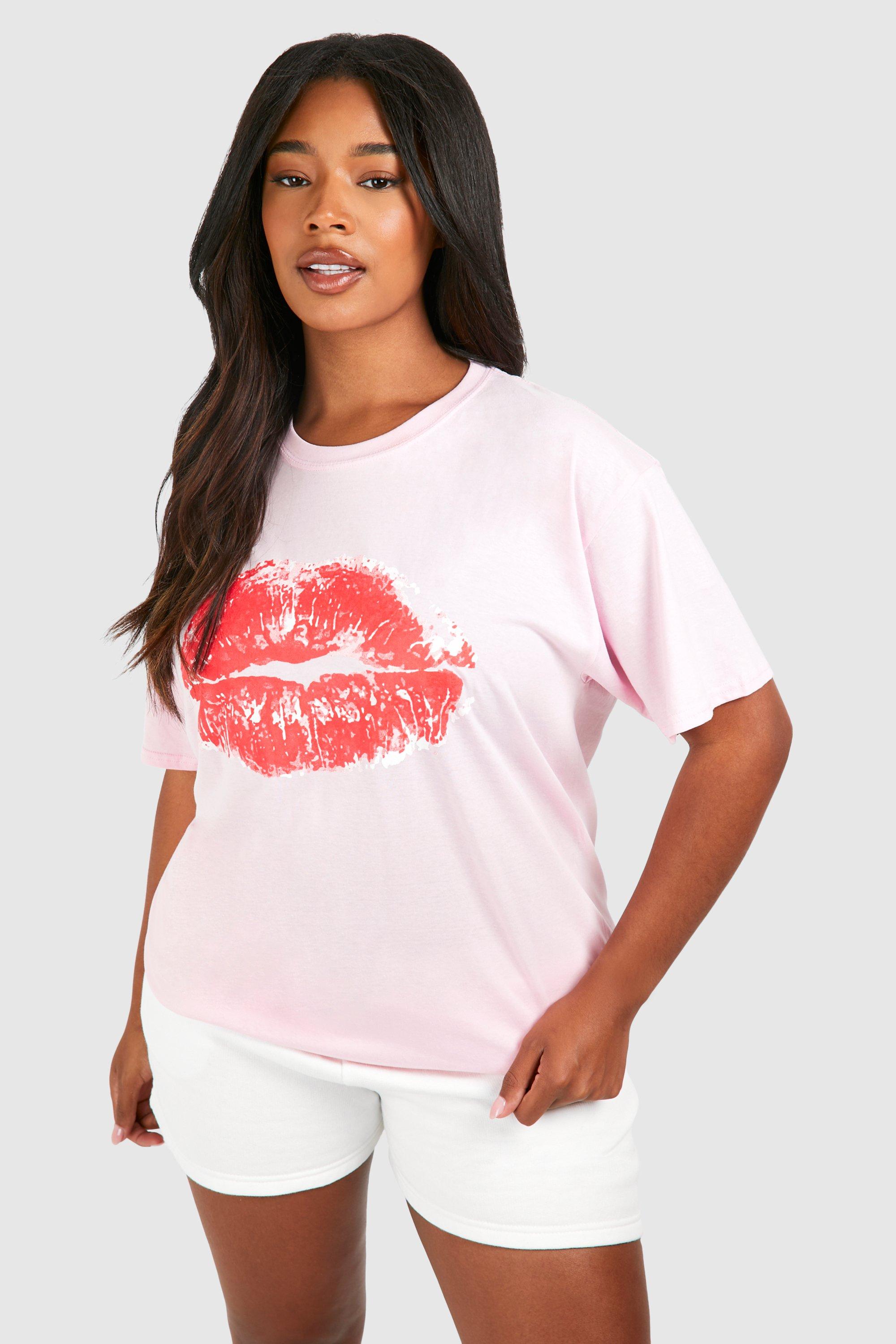 Image of Plus Lips Print T-shirt, Pink