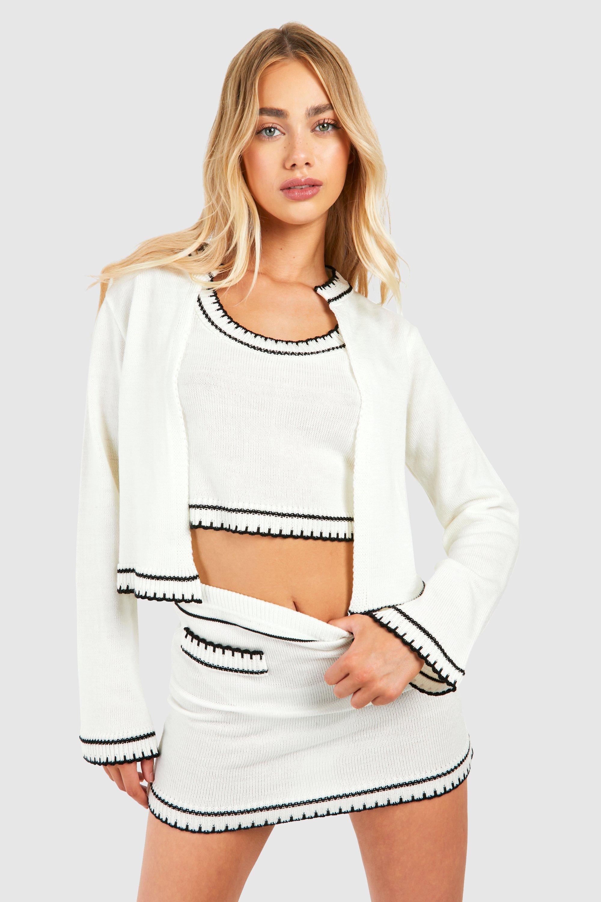 Image of Contrast Stitch 3 Piece Knitted Cardigan, Crop Top And Mini Skirt Set, Cream
