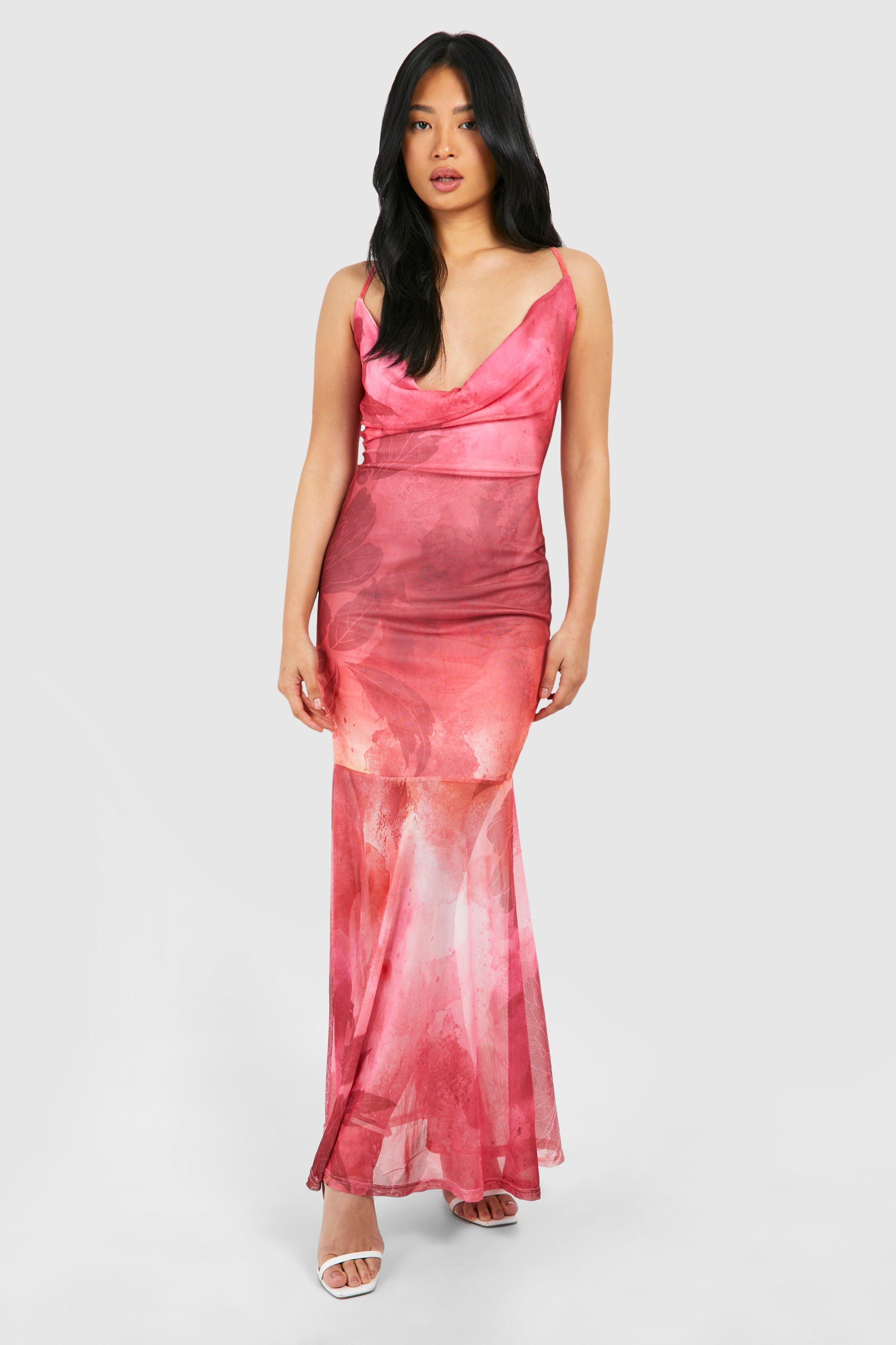 Image of Petite Blurred Abstract Floral Mesh Maxi Dress, Rosso