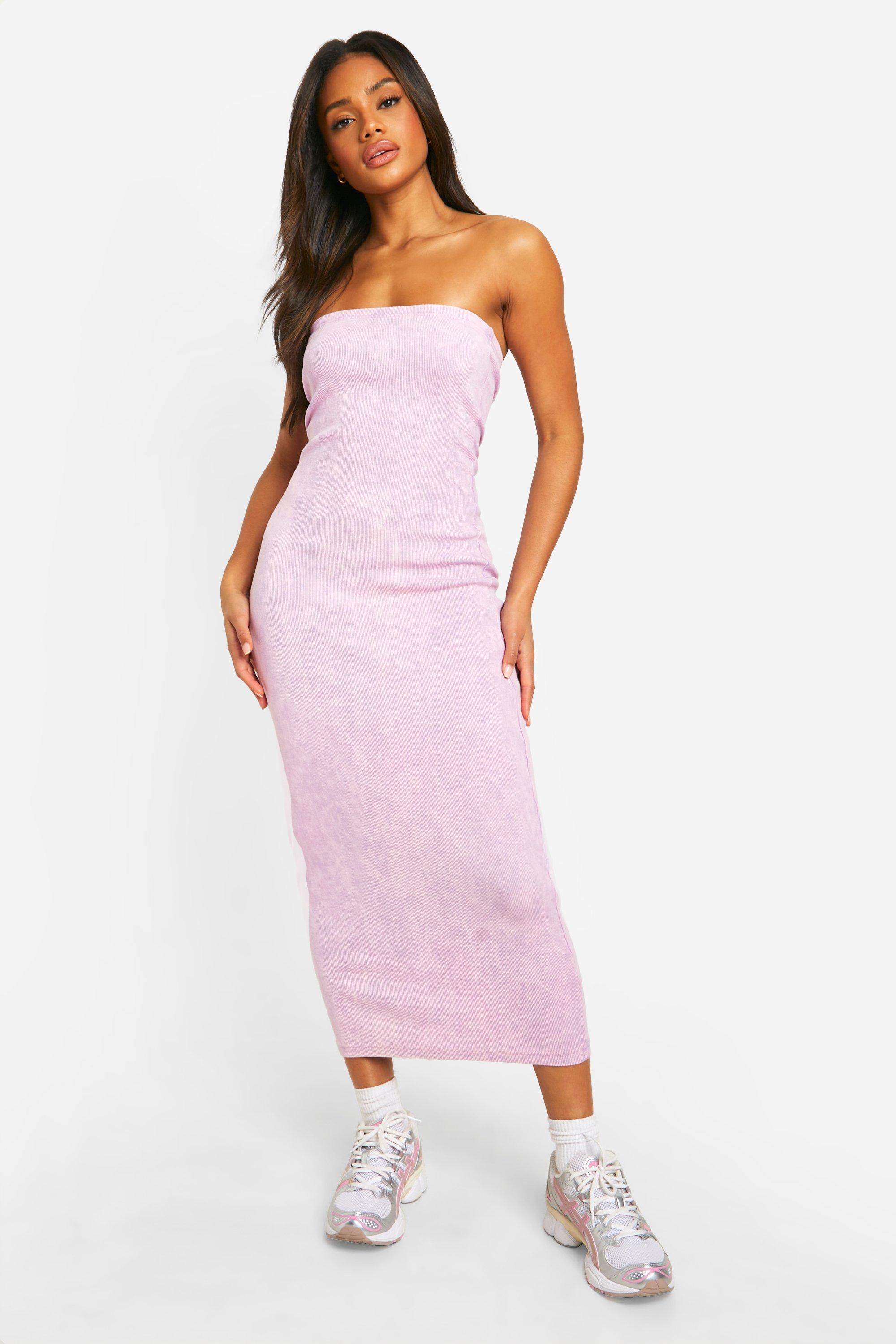 Womens Acid Wash Ribbed Bandeau Midaxi Dress - Purple - 10, Purple