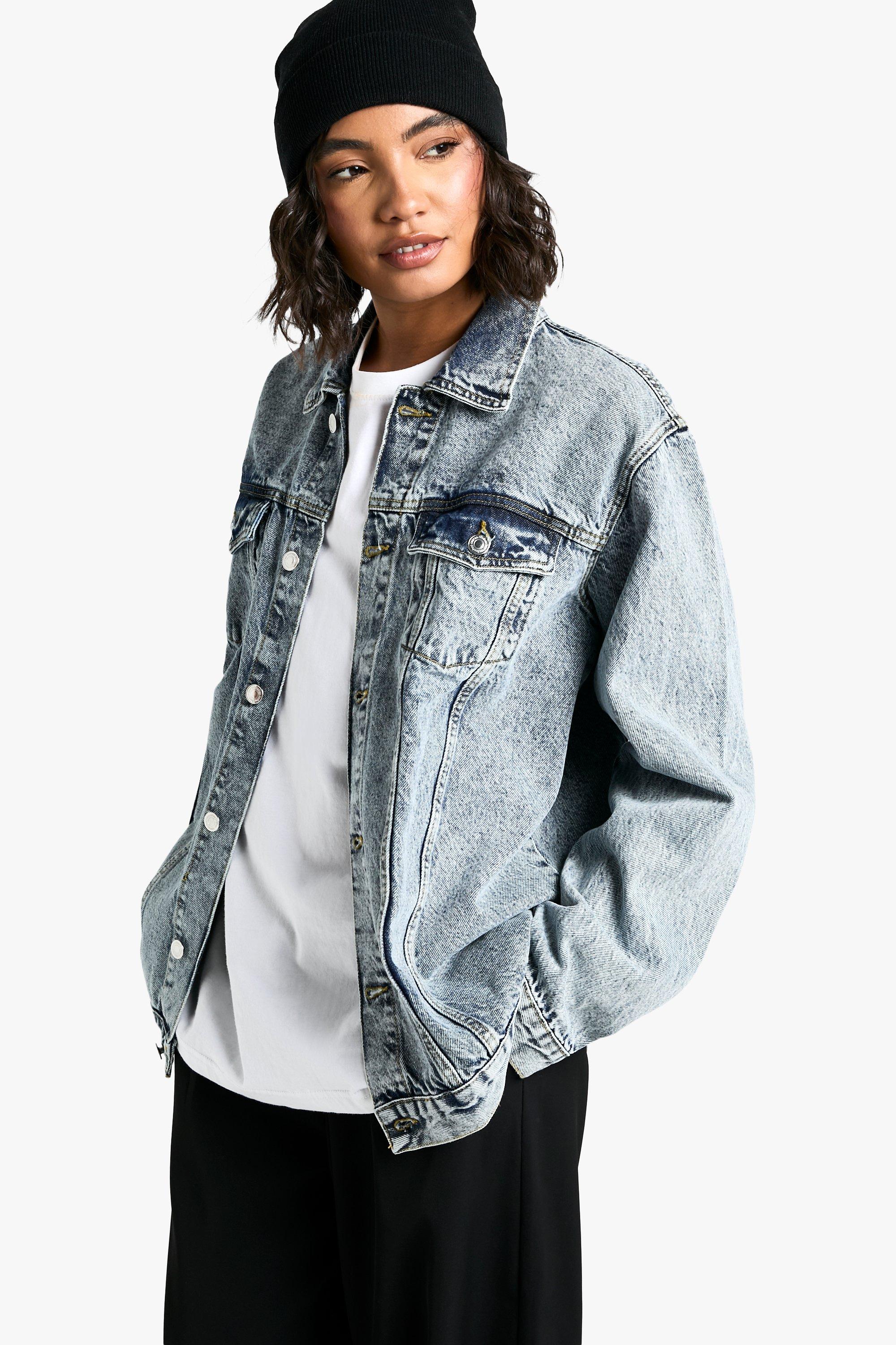 Womens Tall Acid Wash Oversized Denim Jacket - Blue - 14, Blue