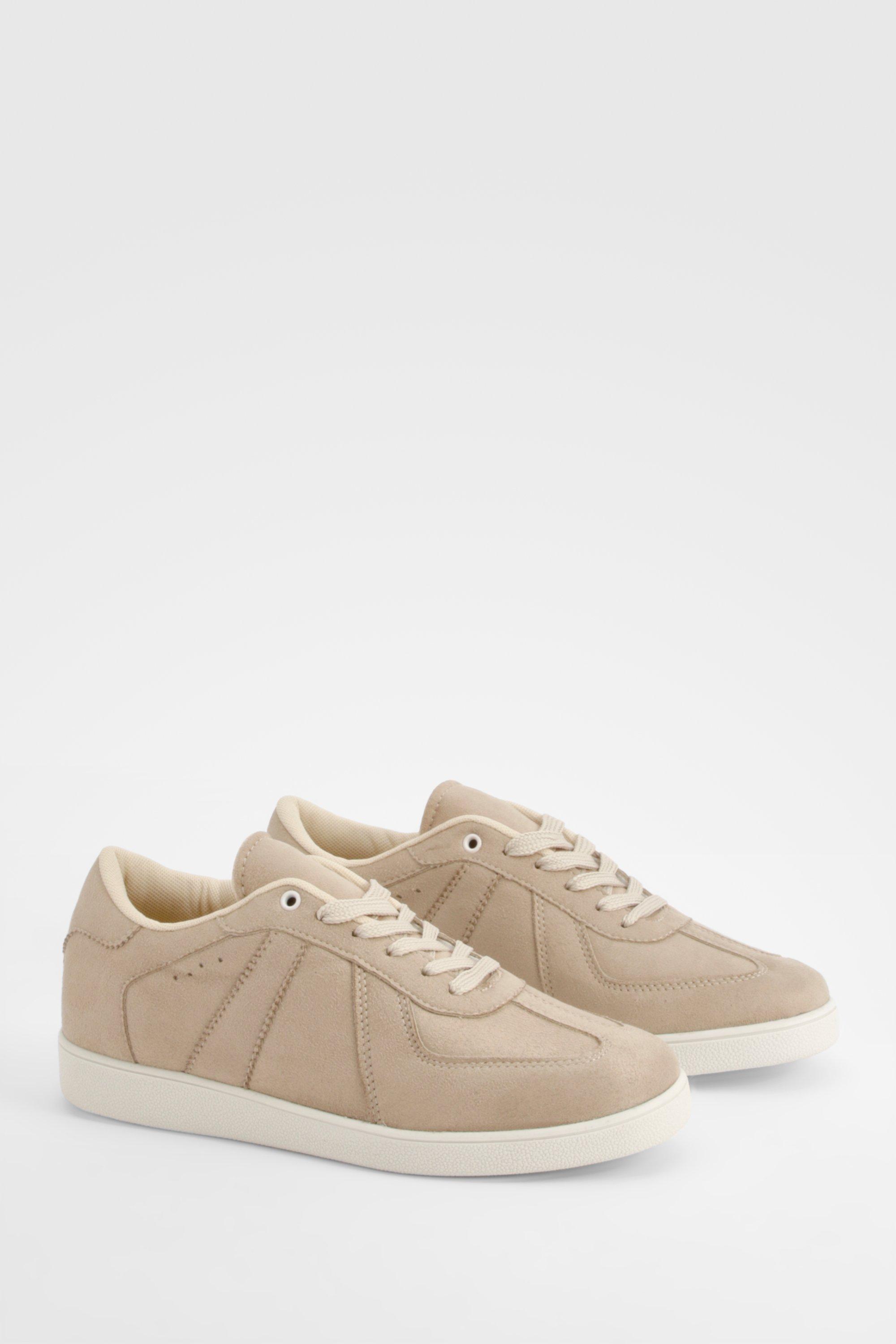 Image of Faux Suede Panel Flat Trainers, Beige