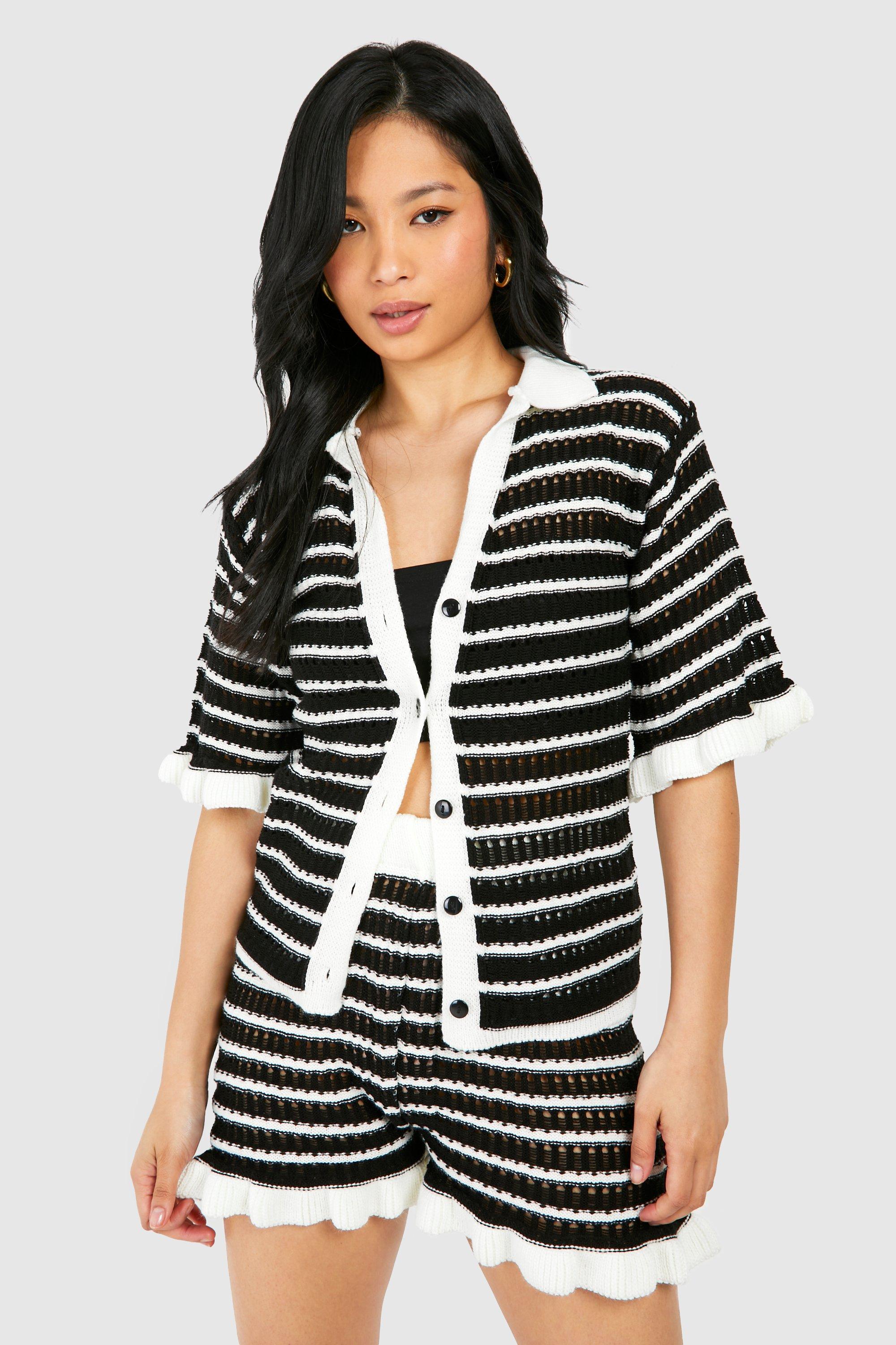Image of Petite Knitted Stripe Ruffle Shirt, Nero