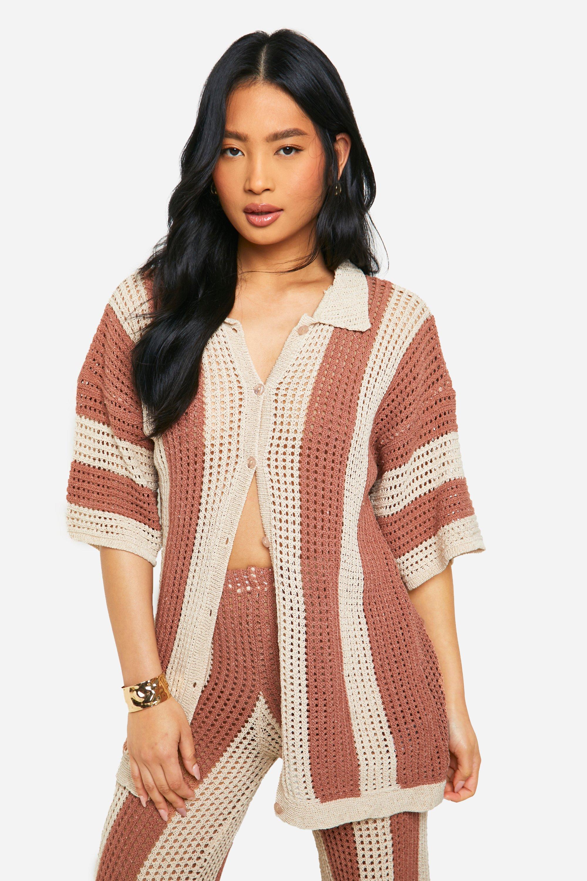 Image of Petite Knitted Stripe Oversized Shirt, Beige