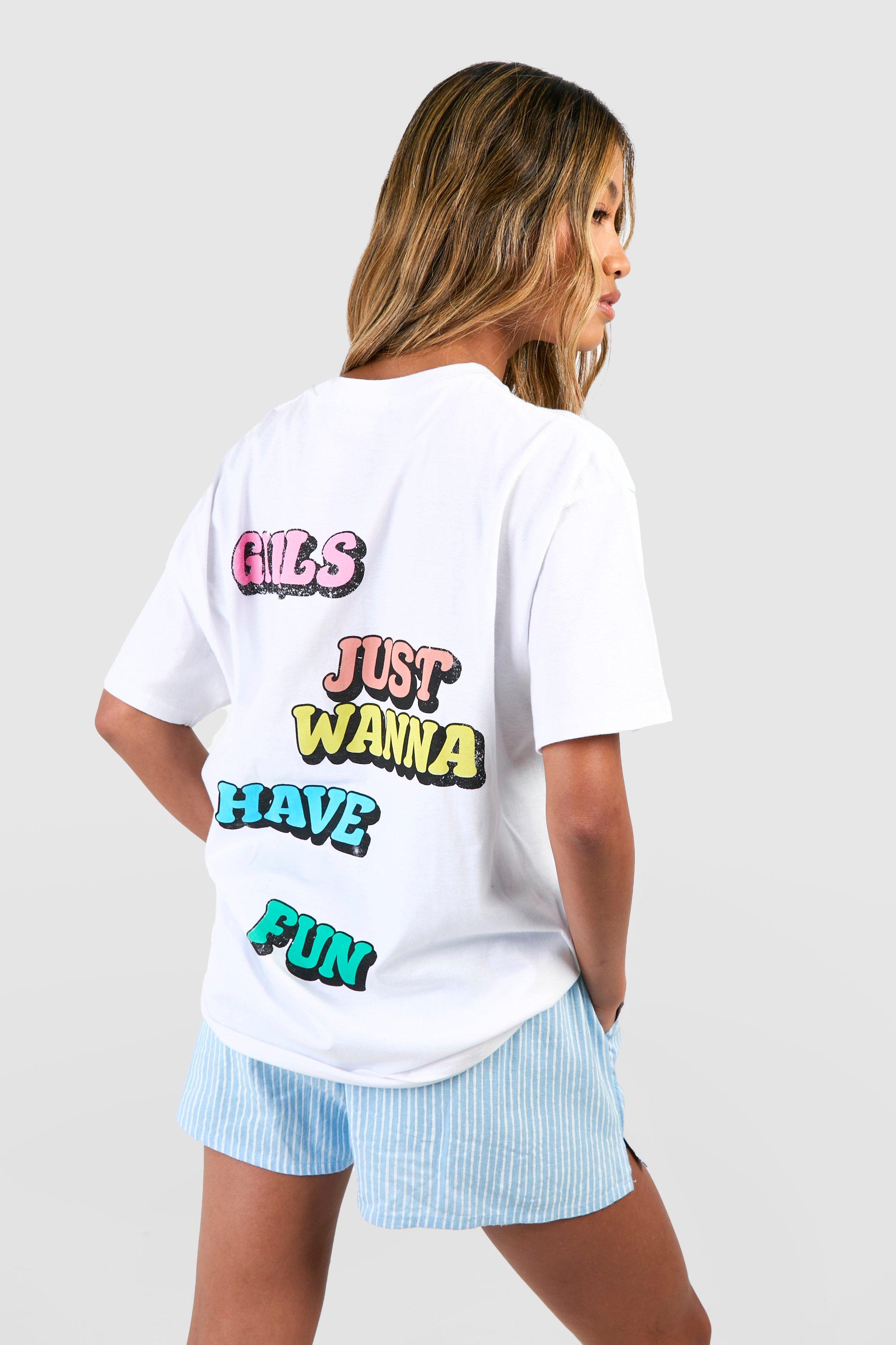 Image of Girls Just Wanna Have Fun Back Printed Oversized T-shirt, Bianco