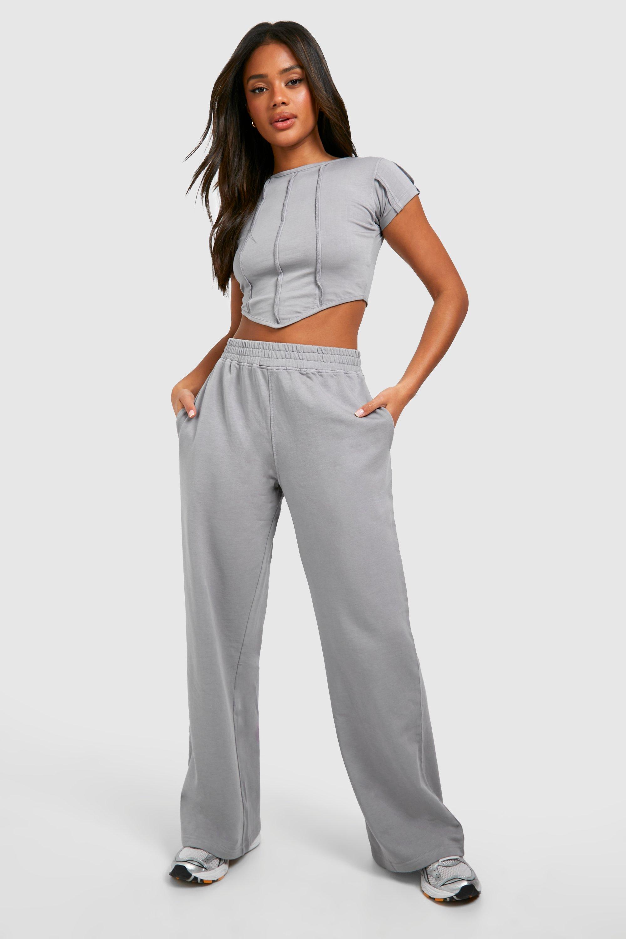 Image of Washed Corset Hem Seam Detail Top And Jogger Set, Grigio