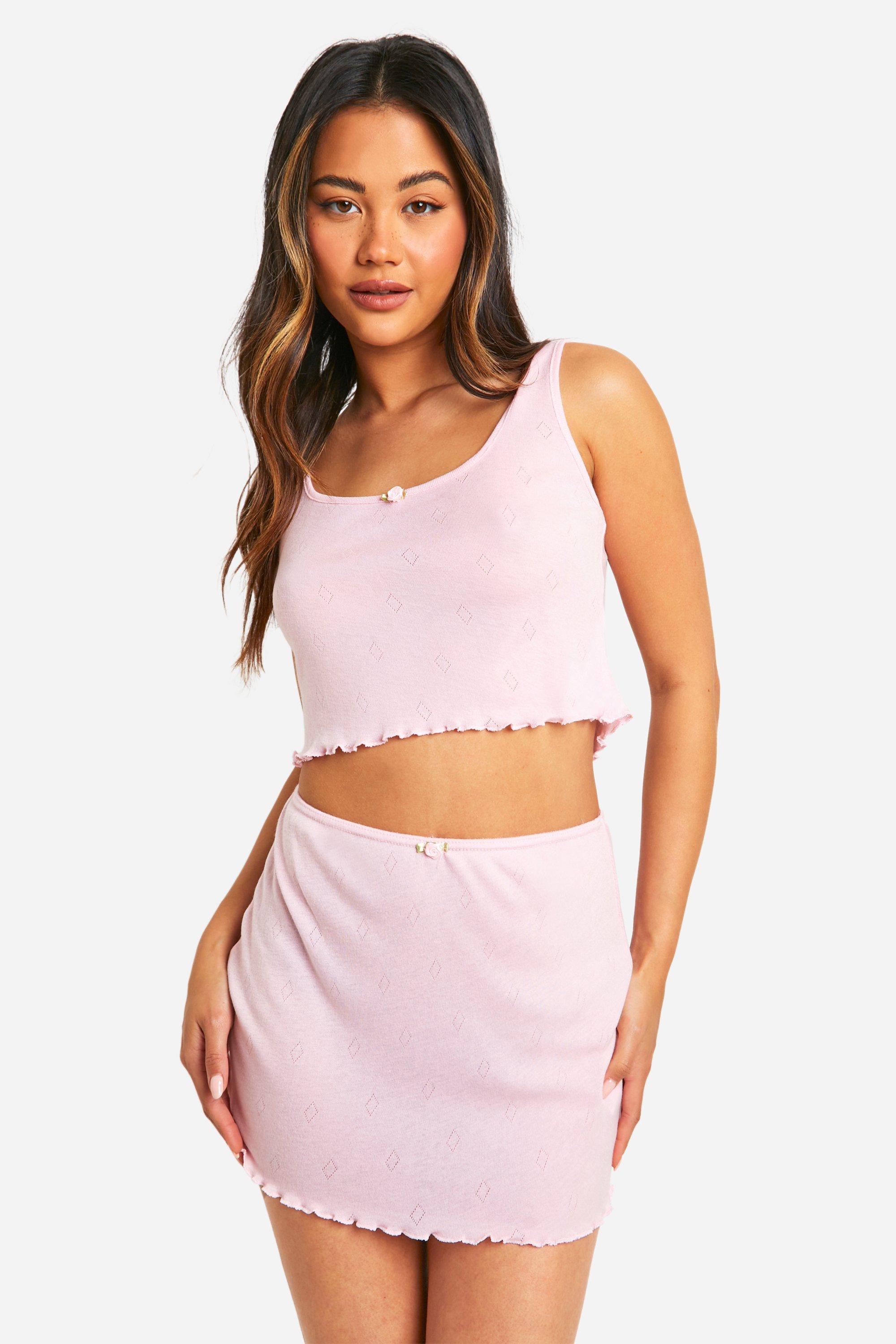 Boohoo Pointelle Rose Detail Mini Skirt, Baby Pink