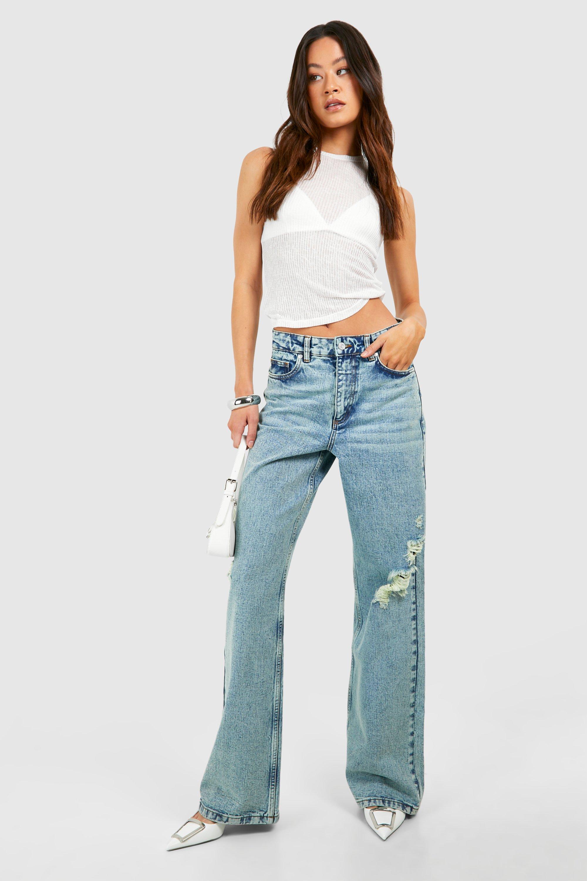 Boohoo Tall Light Blue Washed Ripped Wide Leg Jeans, Washed Blue