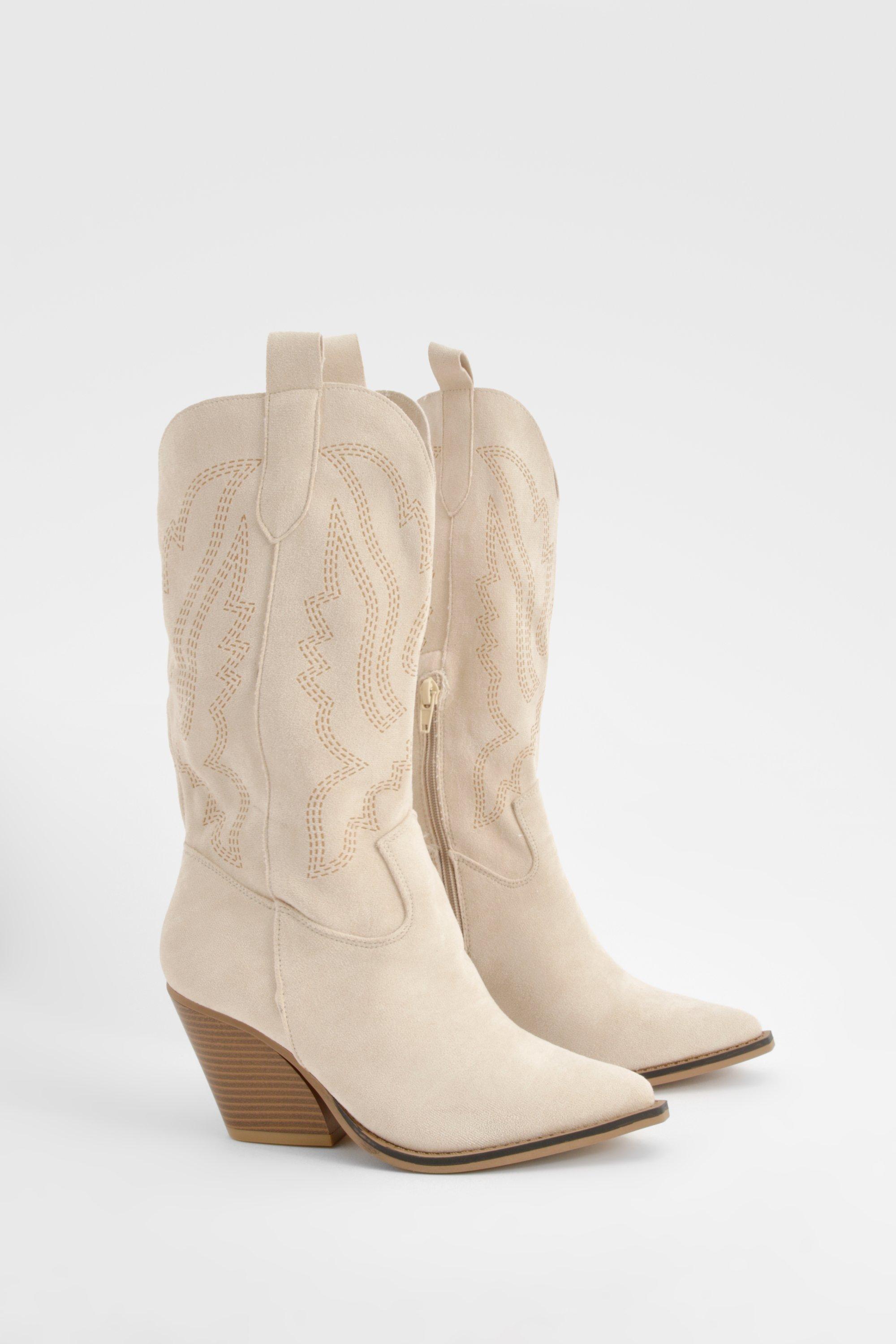 Embroidered Western Boots - Beige - 6