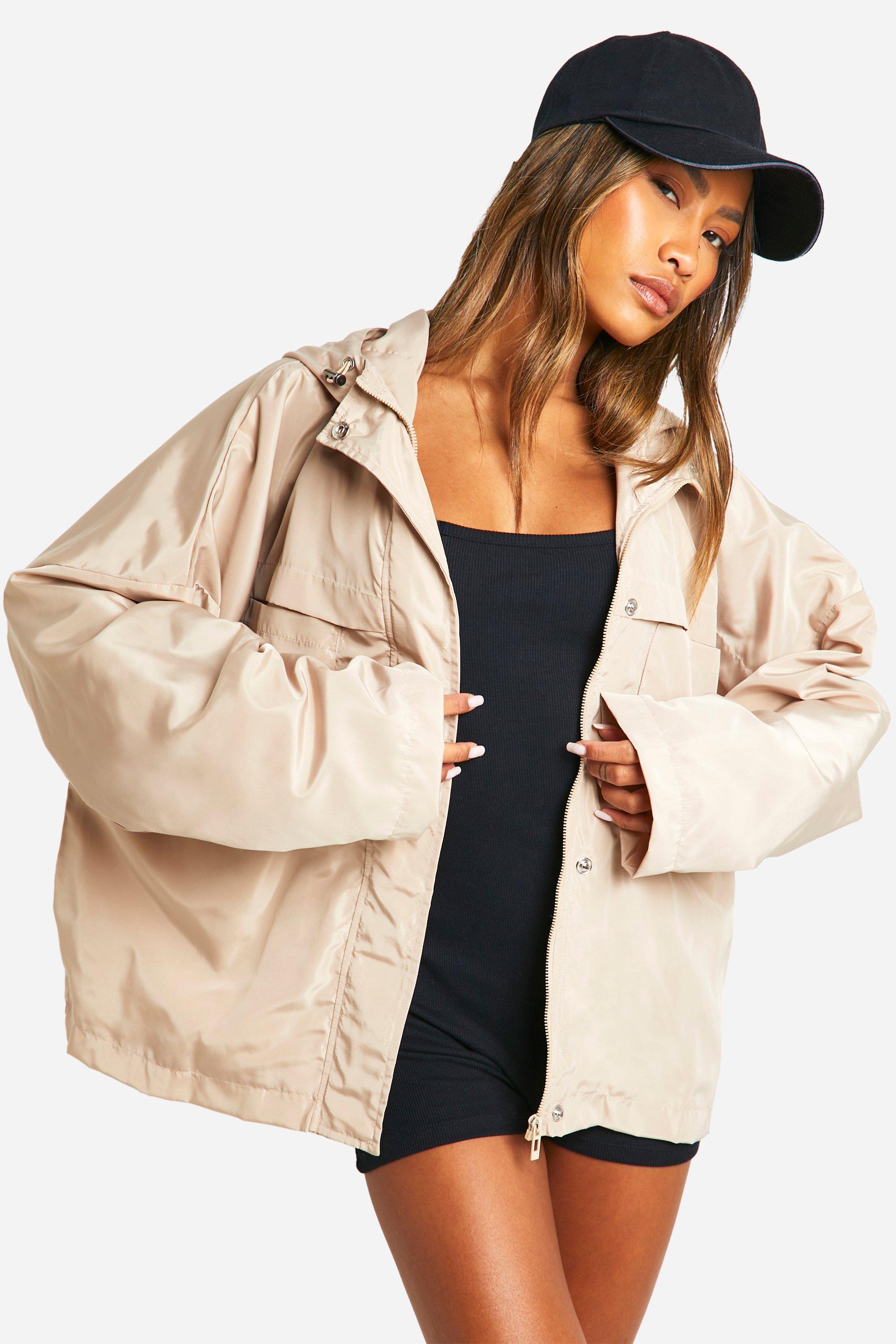 Image of Pocket Detail Oversized Hooded Jacket, Beige