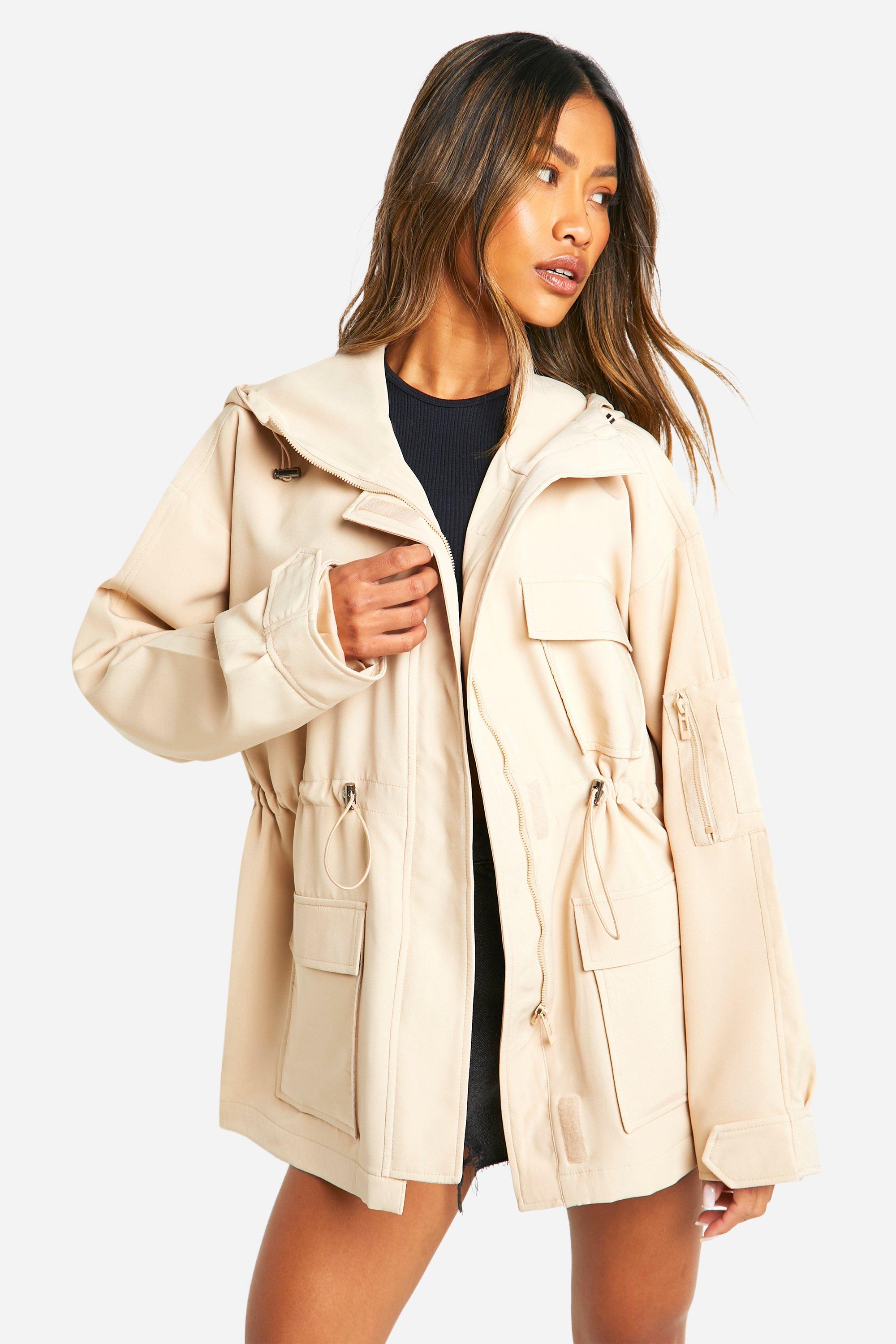 Image of Synched Waist Longline Hooded Jacket, Beige